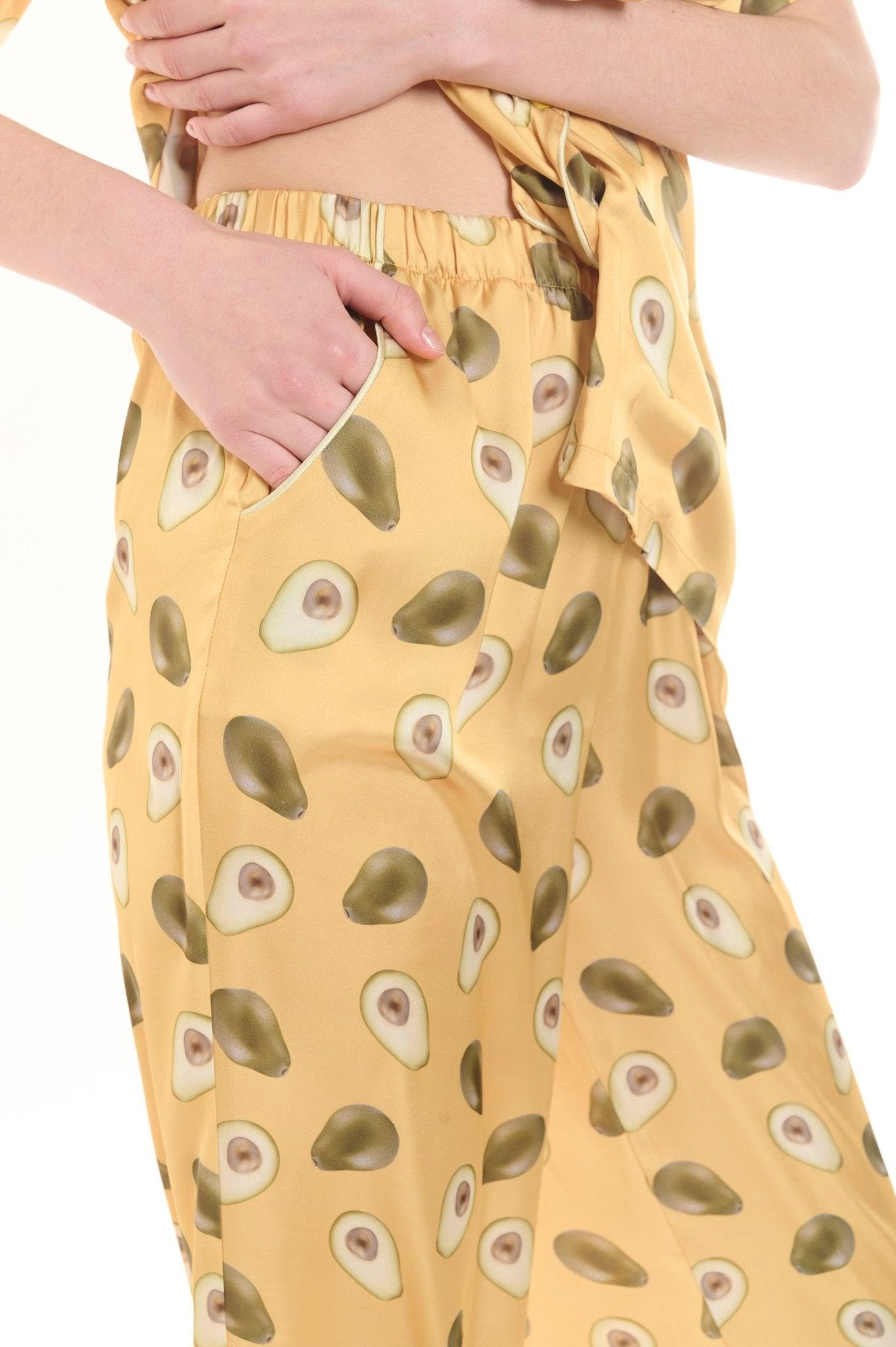 Lola - Playful Mustard Avocado Satin Pajama Set - NOWIHT - Pajama Set