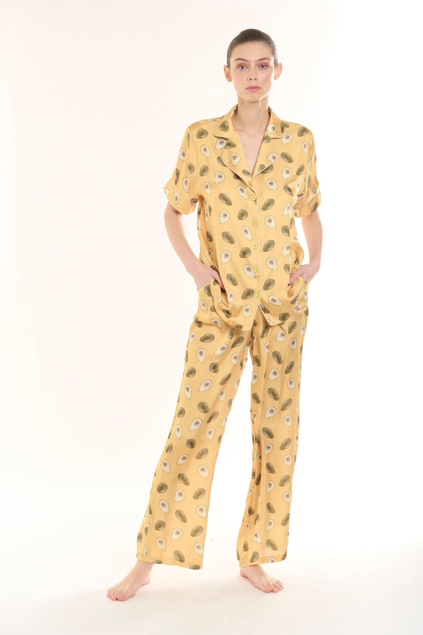 Lola - Playful Mustard Avocado Satin Pajama Set - NOWIHT - Pajama Set