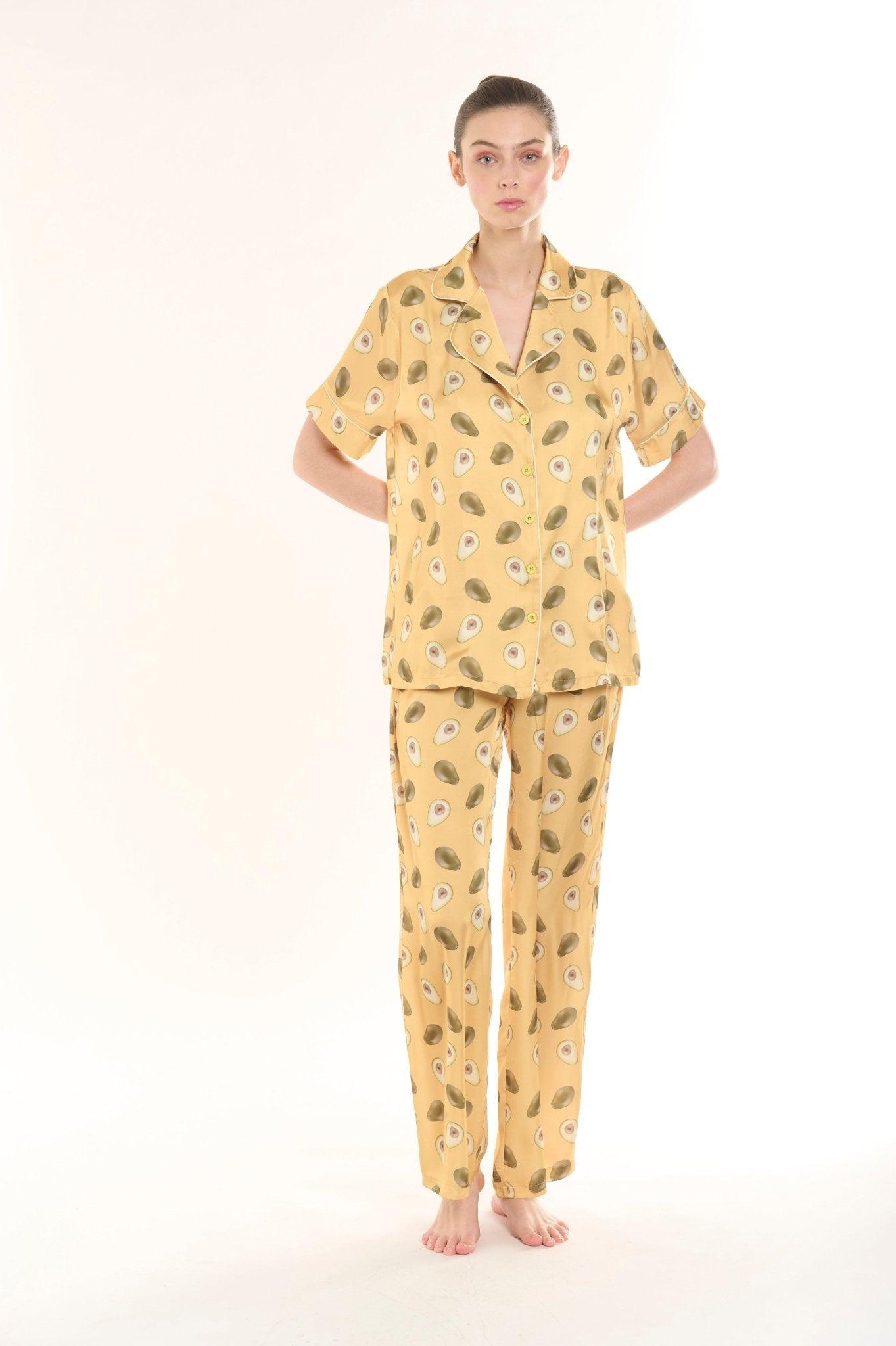 Lola - Playful Mustard Avocado Satin Pajama Set - NOWIHT - Pajama Set