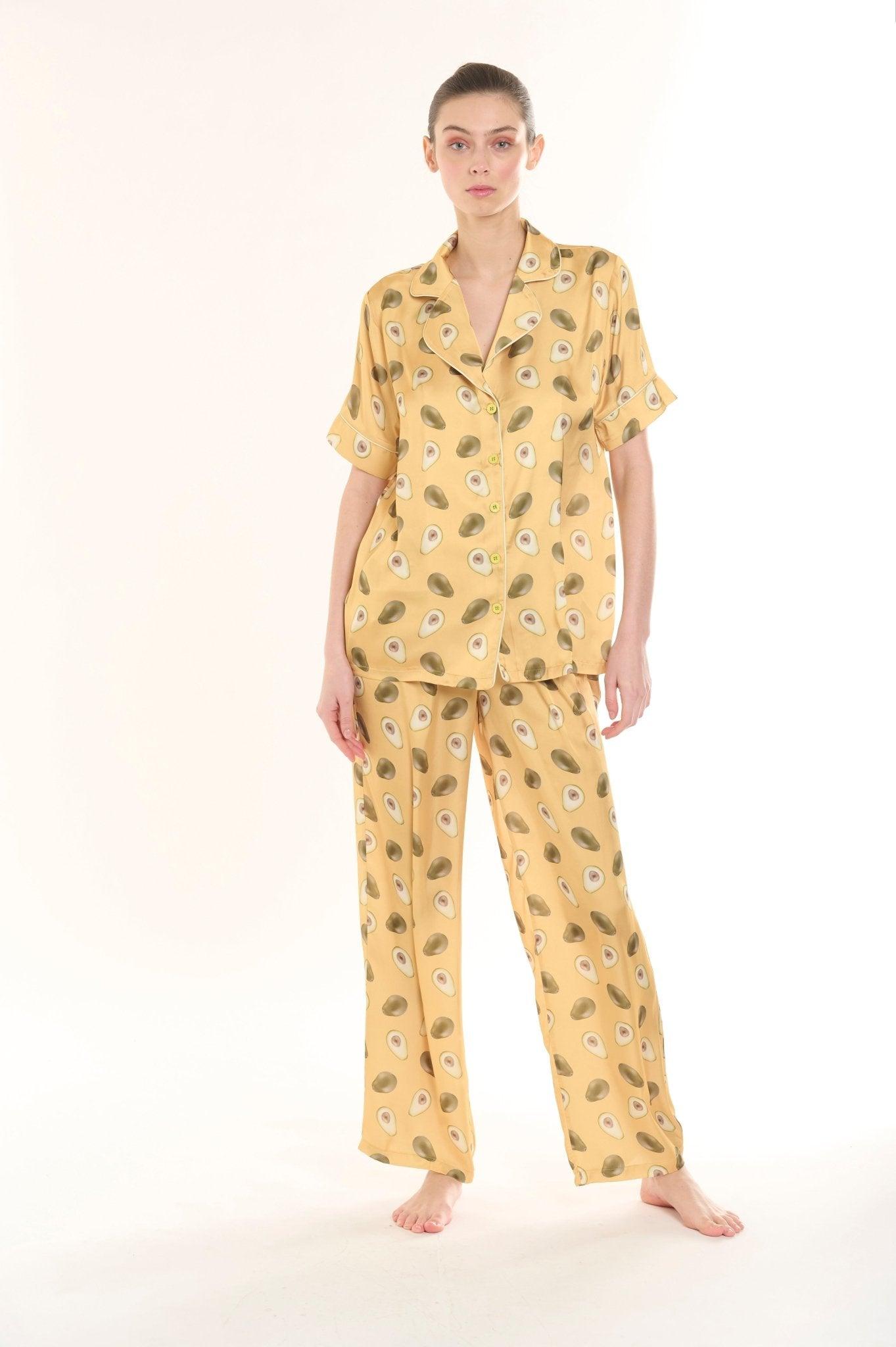 Lola - Playful Mustard Avocado Satin Pajama Set - NOWIHT - Pajama Set