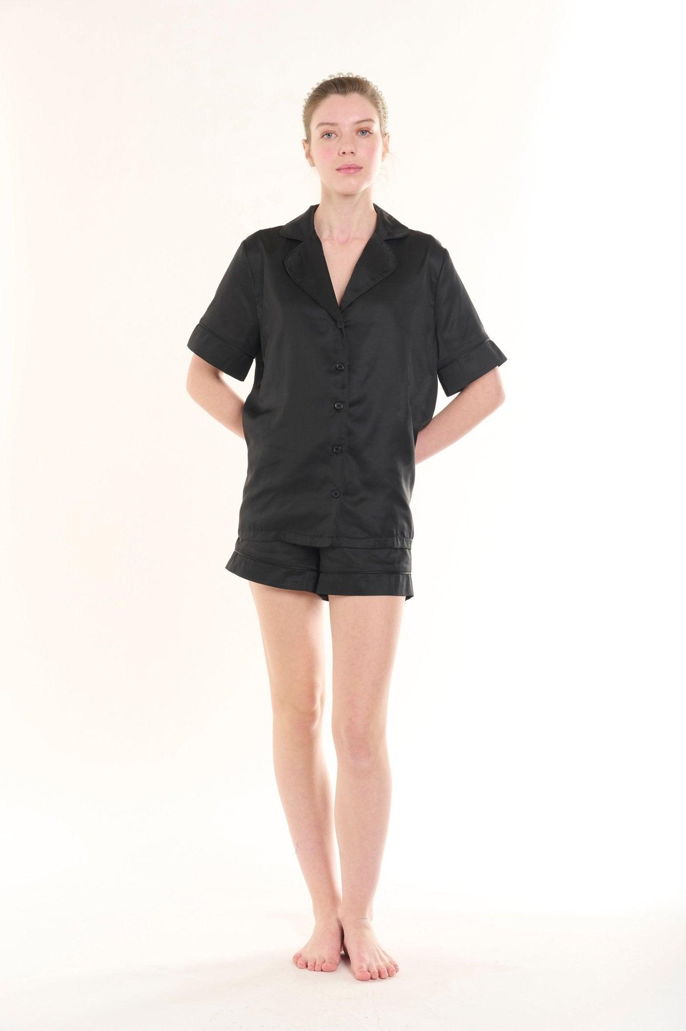 Lucia - Bridal Black Satin Pajama Set - NOWIHT - Pajamas