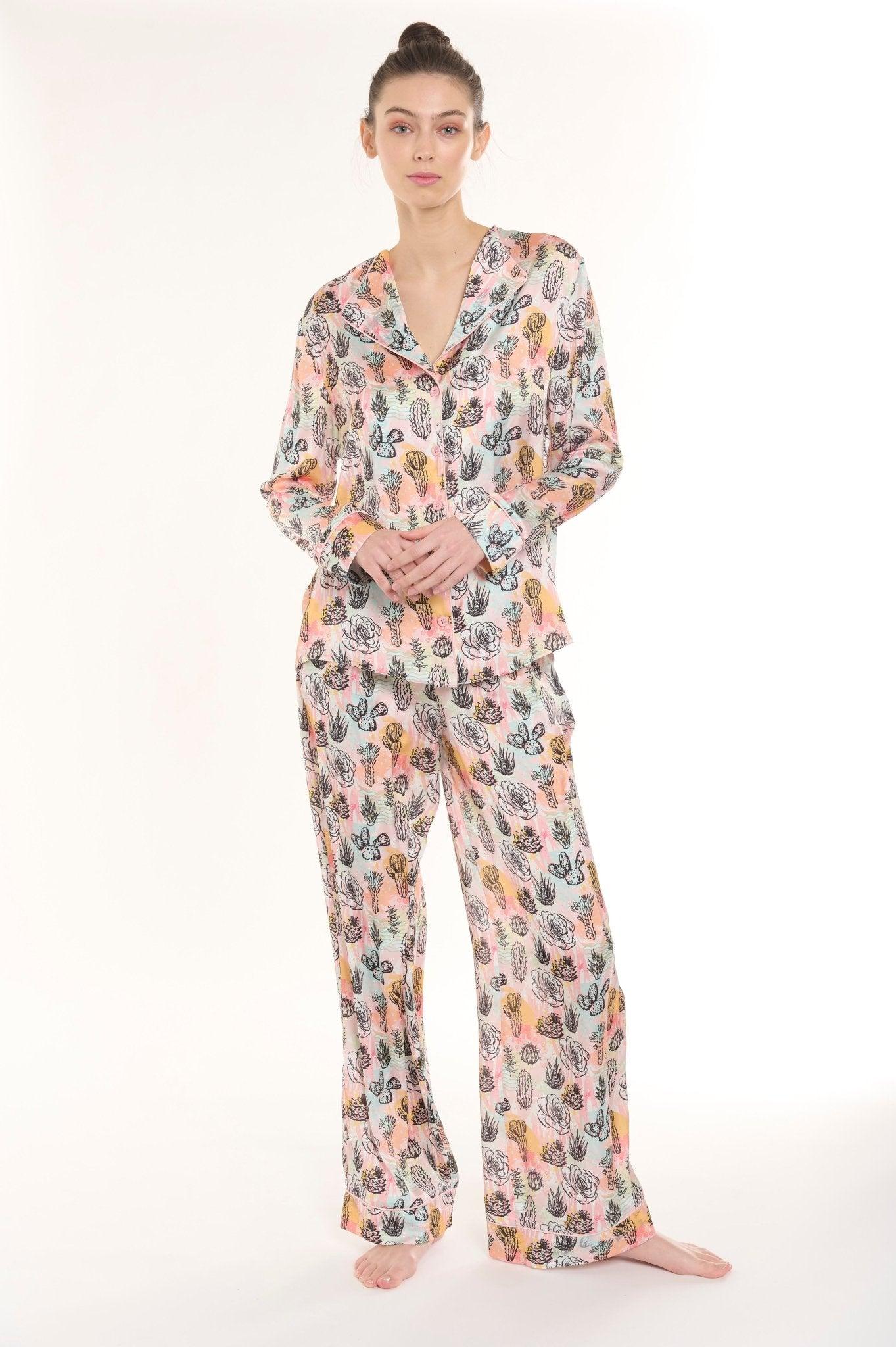 Luna - Vibrant Tie Dye Cactus Satin Pajama Set - NOWIHT - Pajama Set