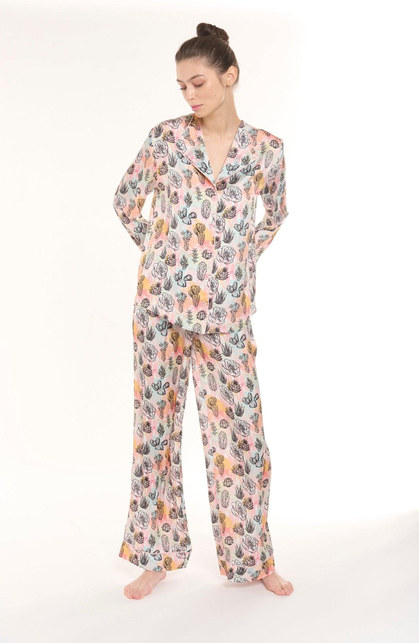 Luna - Vibrant Tie Dye Cactus Satin Pajama Set - NOWIHT - Pajama Set