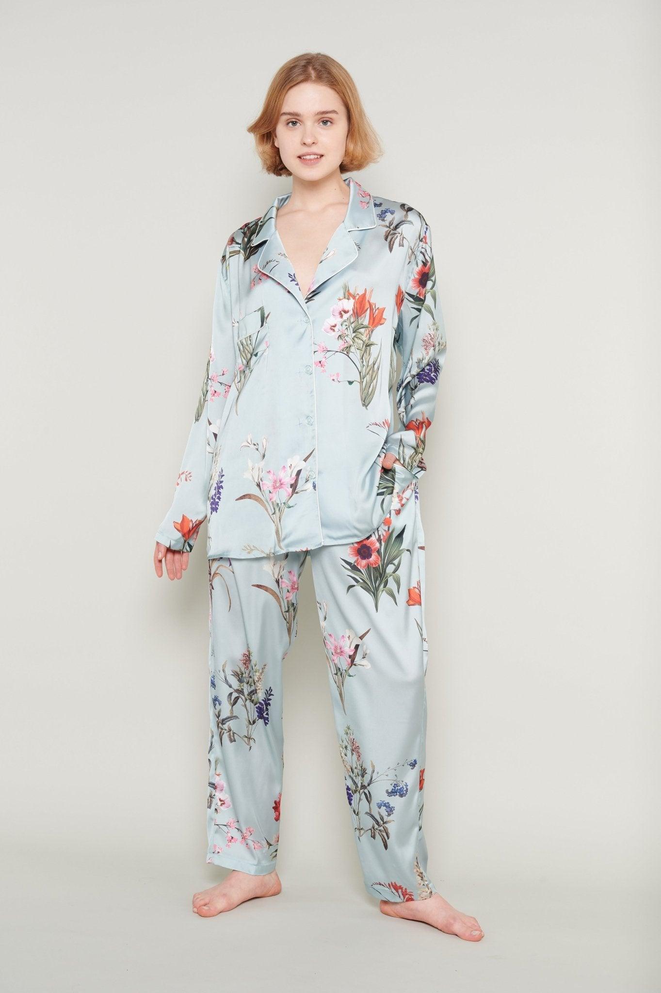 Marcella - Tranquil Mint Floral Luxury Satin Pajama Set - NOWIHT - Pajama Set