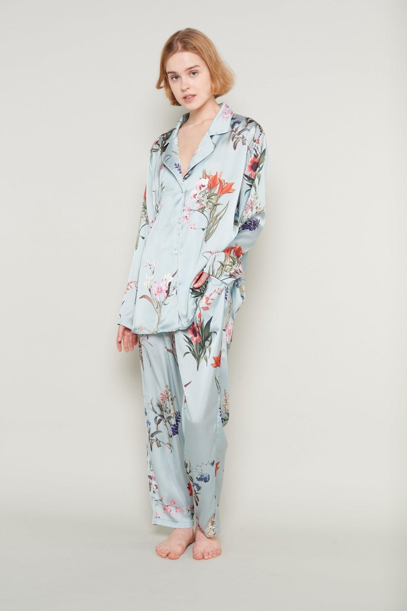 Marcella - Tranquil Mint Floral Luxury Satin Pajama Set - NOWIHT - Pajama Set