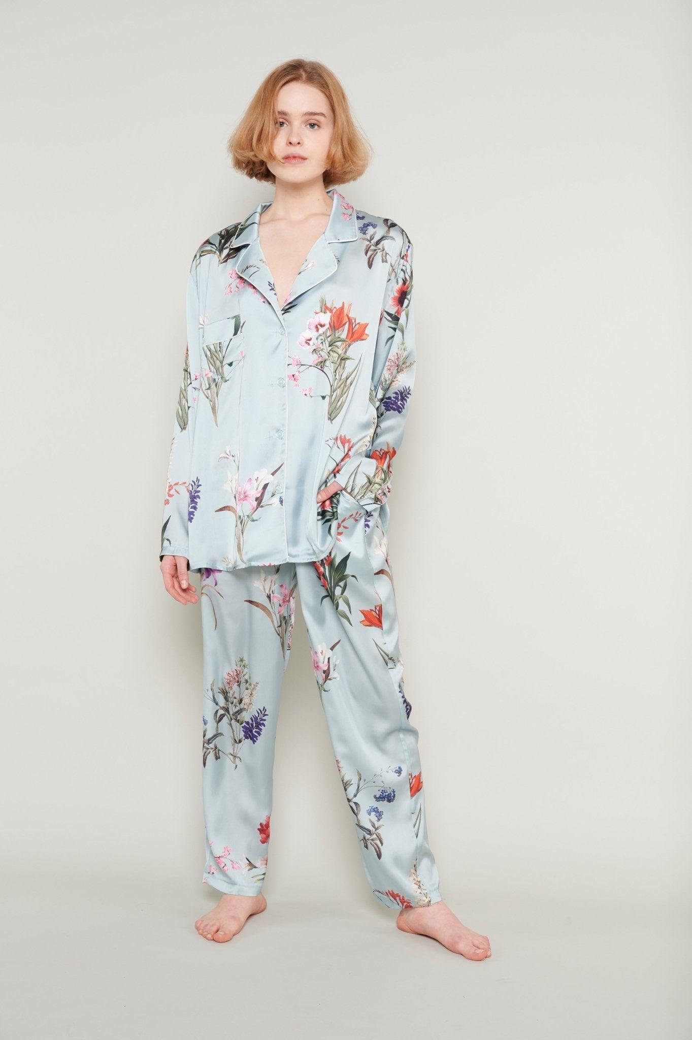 Marcella - Tranquil Mint Floral Luxury Satin Pajama Set - NOWIHT - Pajama Set