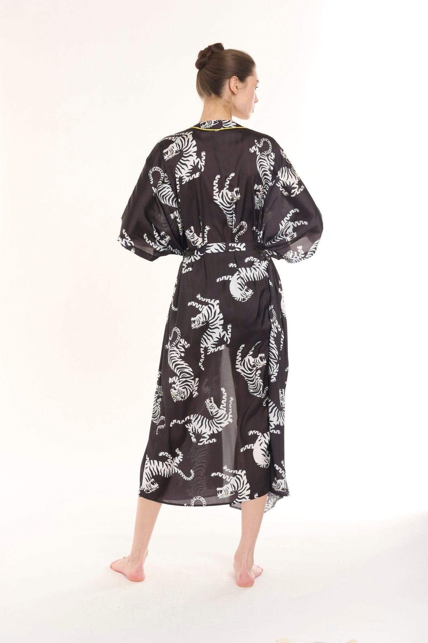 Melantha - Black Zebra Satin Robe & Nightgown Set - NOWIHT - Pajamas