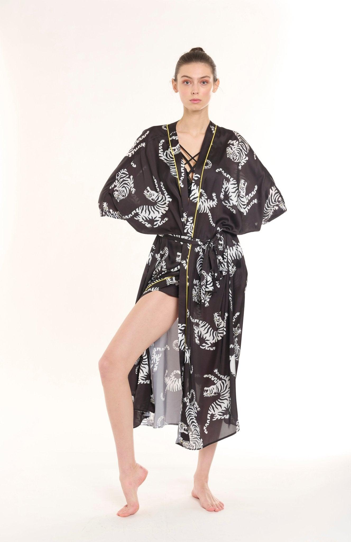 Melantha - Black Zebra Satin Robe & Nightgown Set - NOWIHT - Pajamas