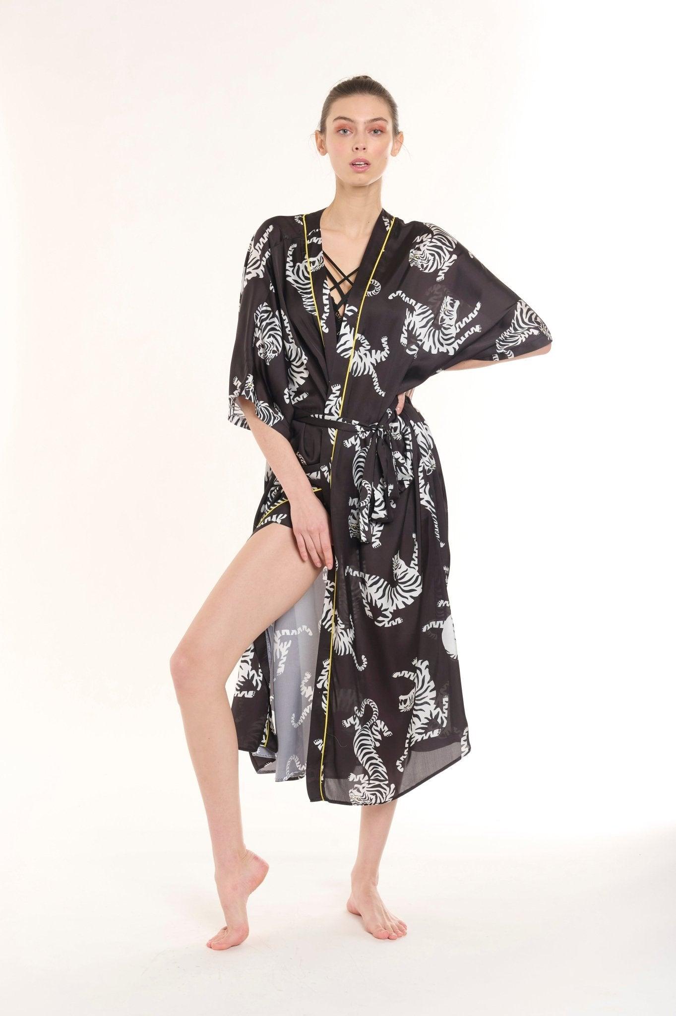 Melantha - Black Zebra Satin Robe & Nightgown Set - NOWIHT - Pajamas