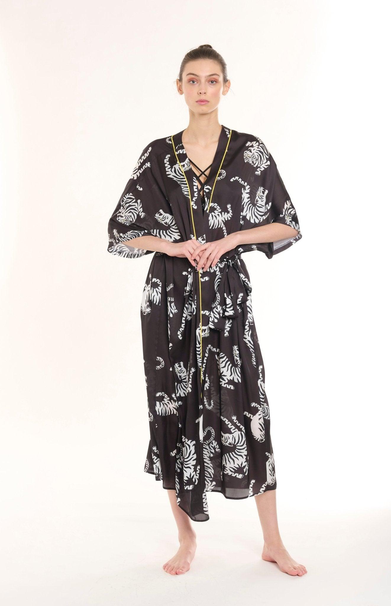 Melantha - Black Zebra Satin Robe & Nightgown Set - NOWIHT - Pajamas