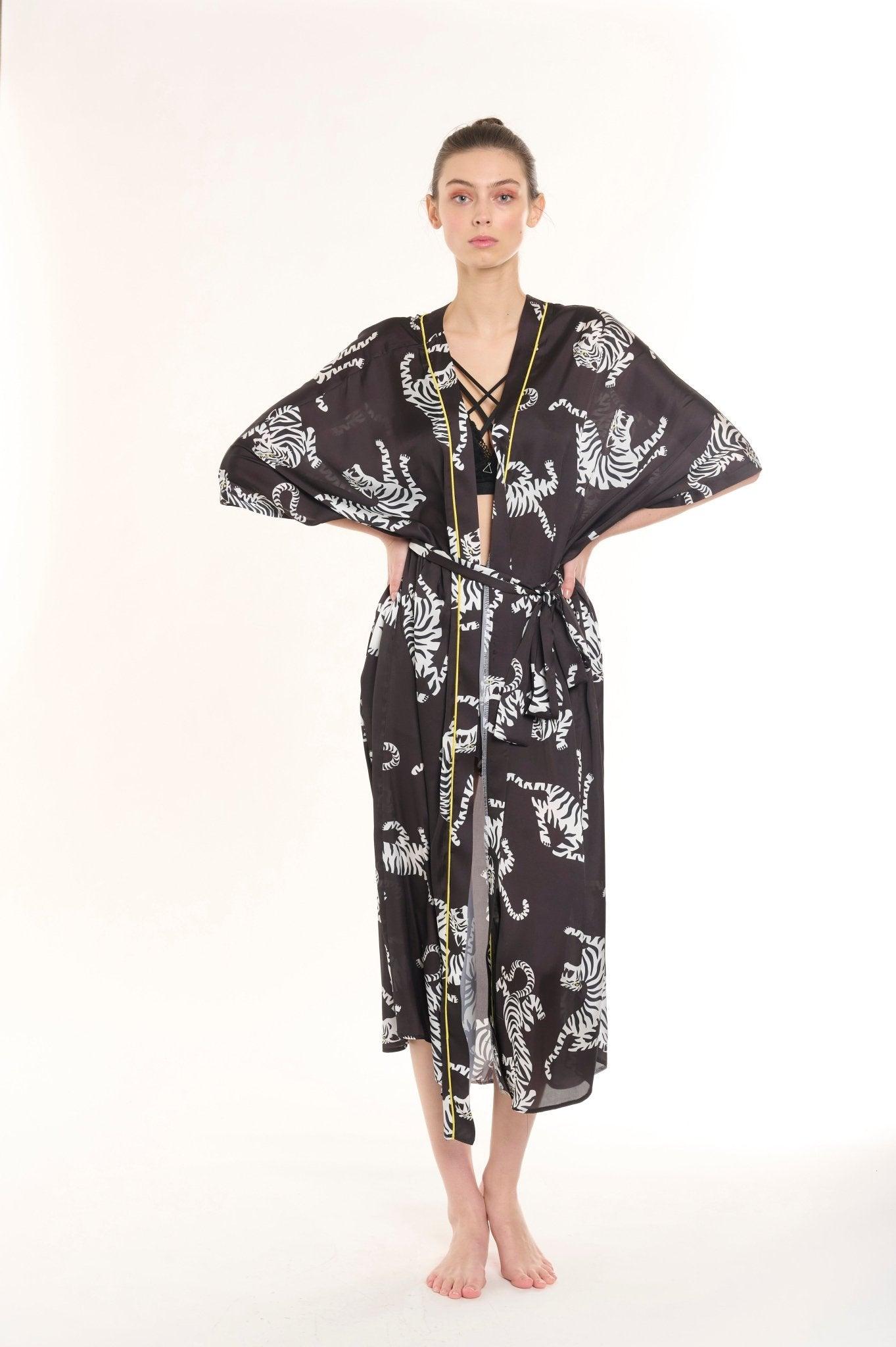 Melantha - Black Zebra Satin Robe & Nightgown Set - NOWIHT - Pajamas