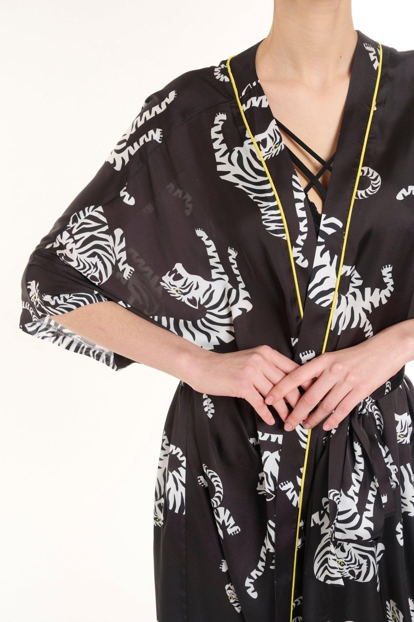 Melantha - Black Zebra Satin Robe & Nightgown Set - NOWIHT - Pajamas