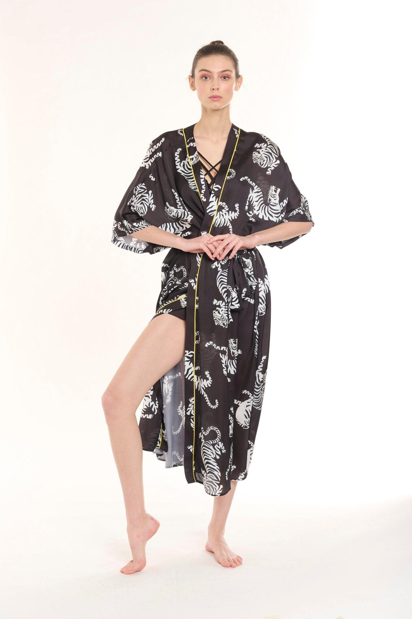 Melantha - Black Zebra Satin Robe & Nightgown Set - NOWIHT - Pajamas