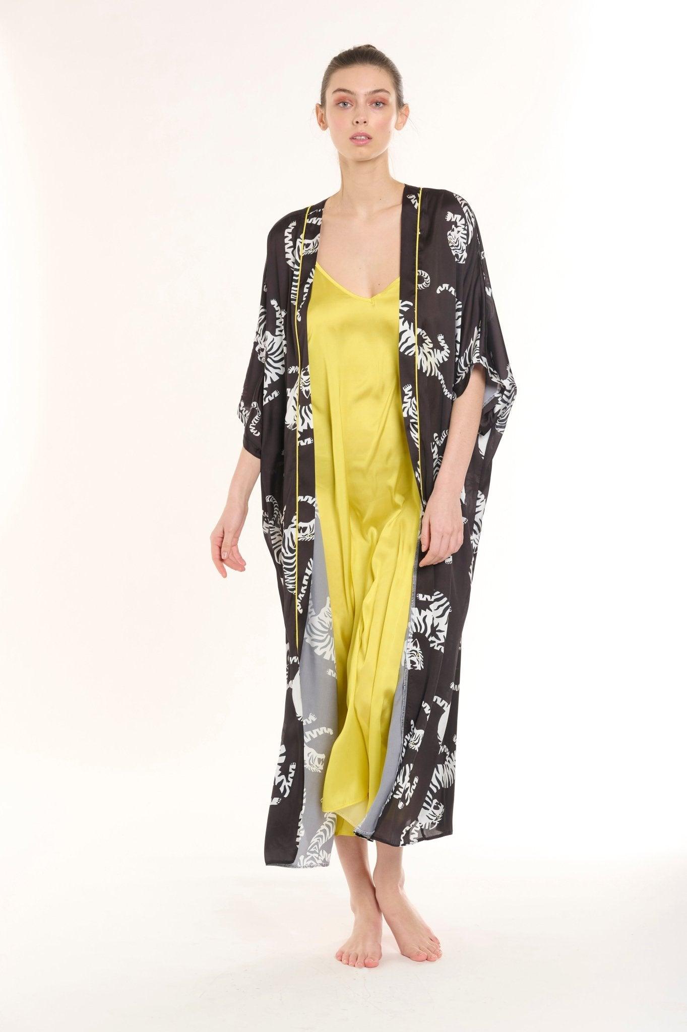 Nia - Black Zebra Satin Robe & Nightgown Set - NOWIHT - Pajamas