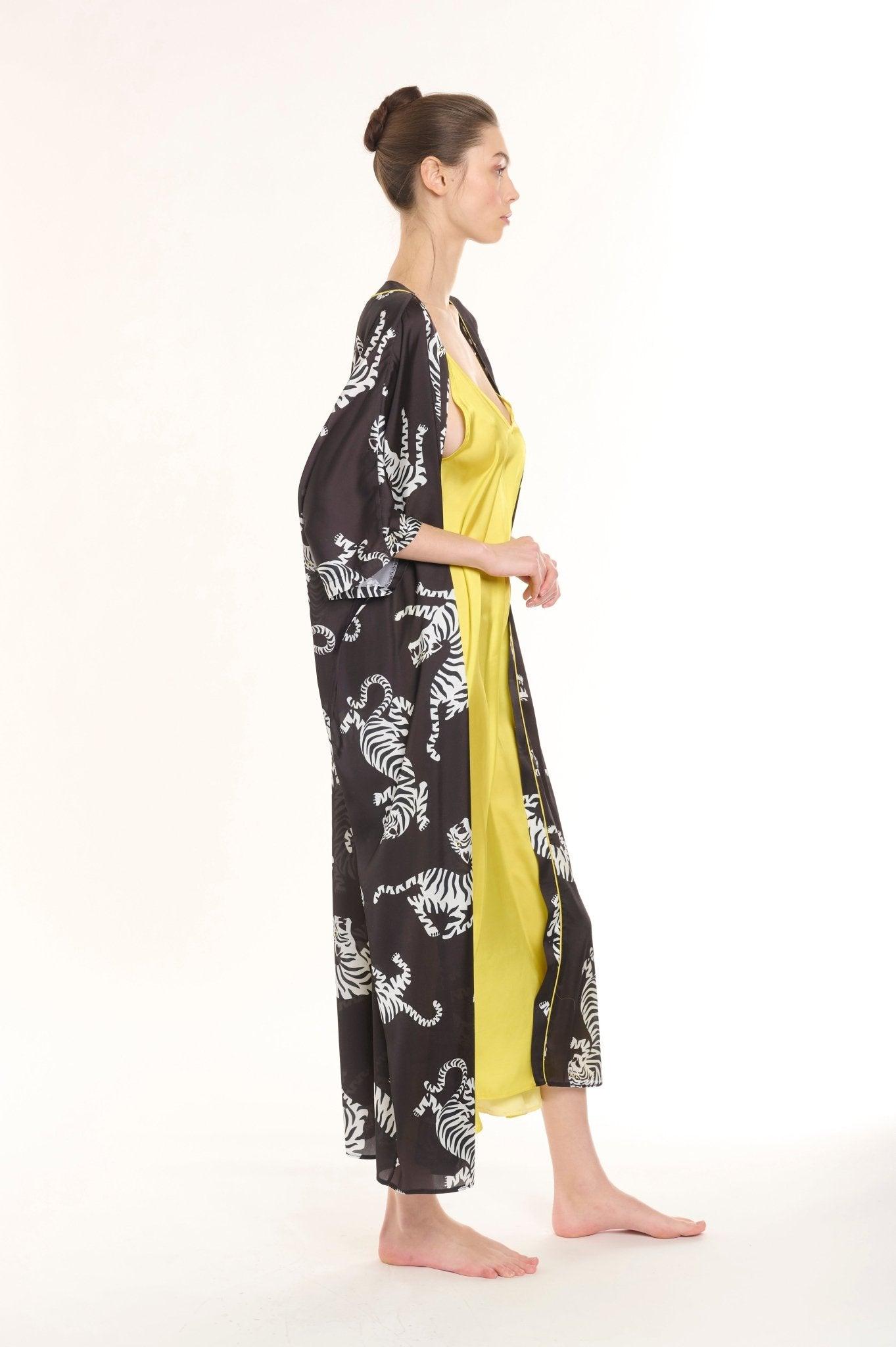 Nia - Black Zebra Satin Robe & Nightgown Set - NOWIHT - Pajamas