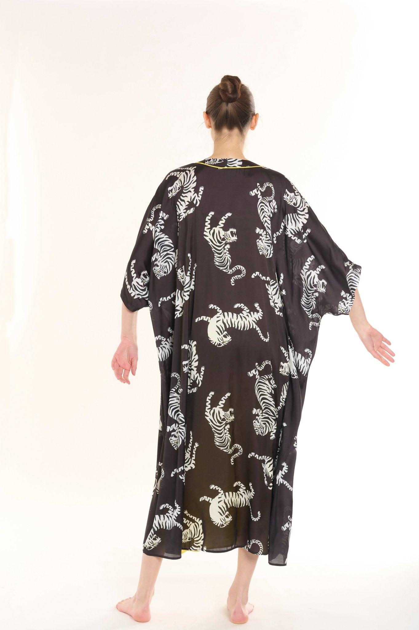 Nia - Black Zebra Satin Robe & Nightgown Set - NOWIHT - Pajamas