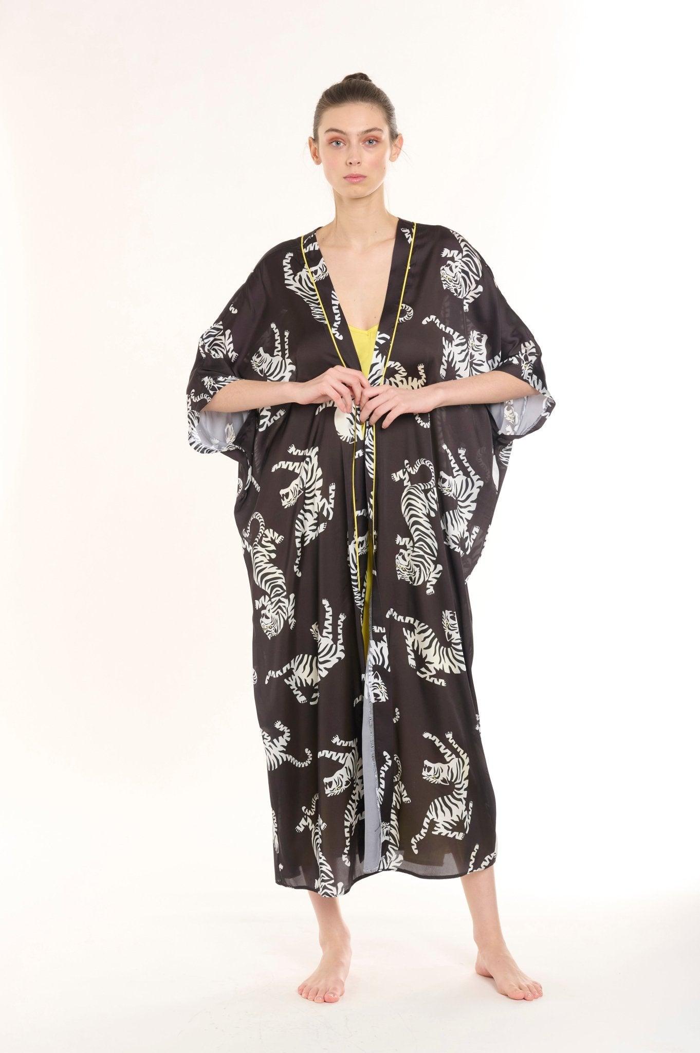 Nia - Black Zebra Satin Robe & Nightgown Set - NOWIHT - Pajamas