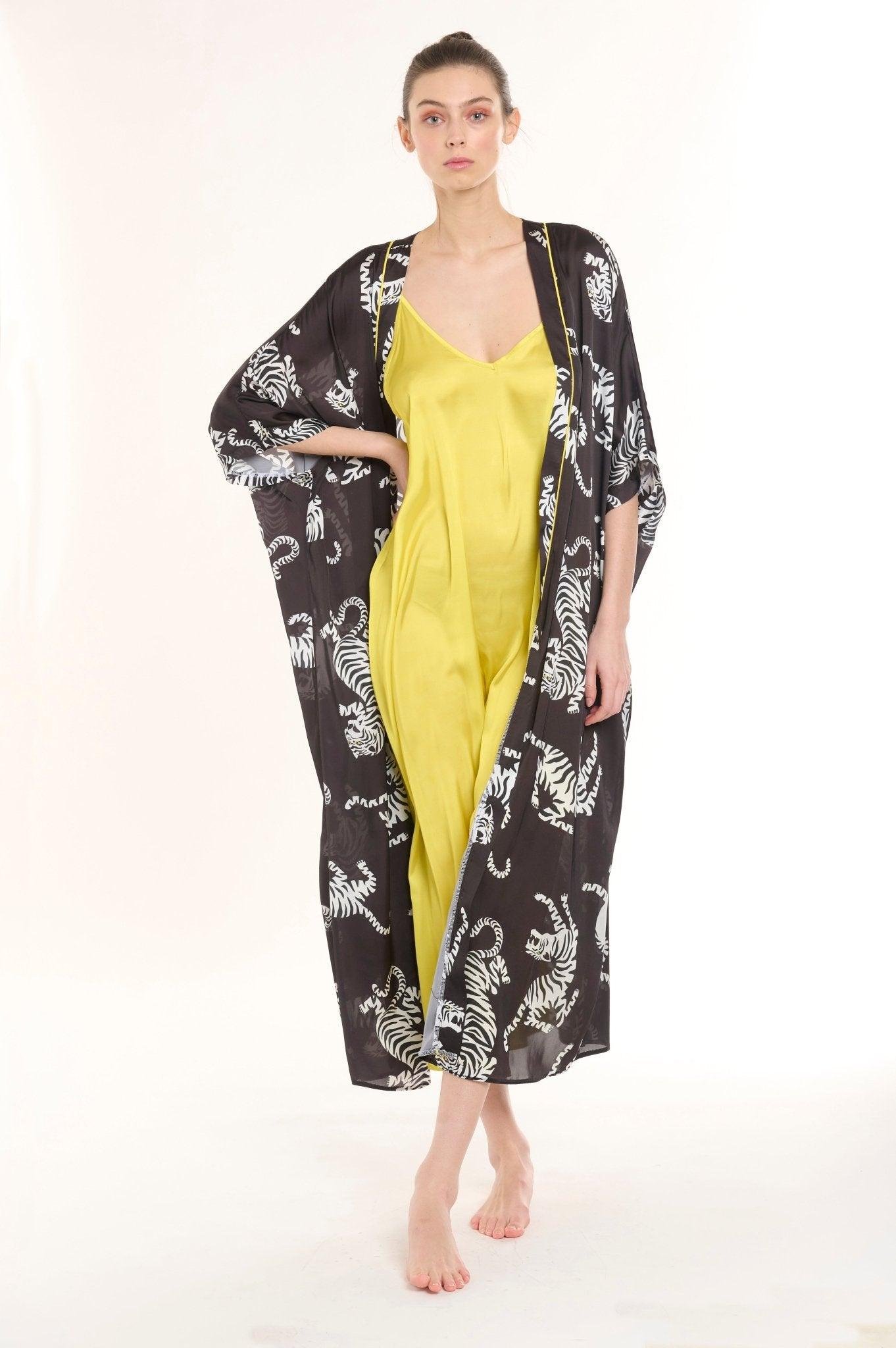 Nia - Black Zebra Satin Robe & Nightgown Set - NOWIHT - Pajamas