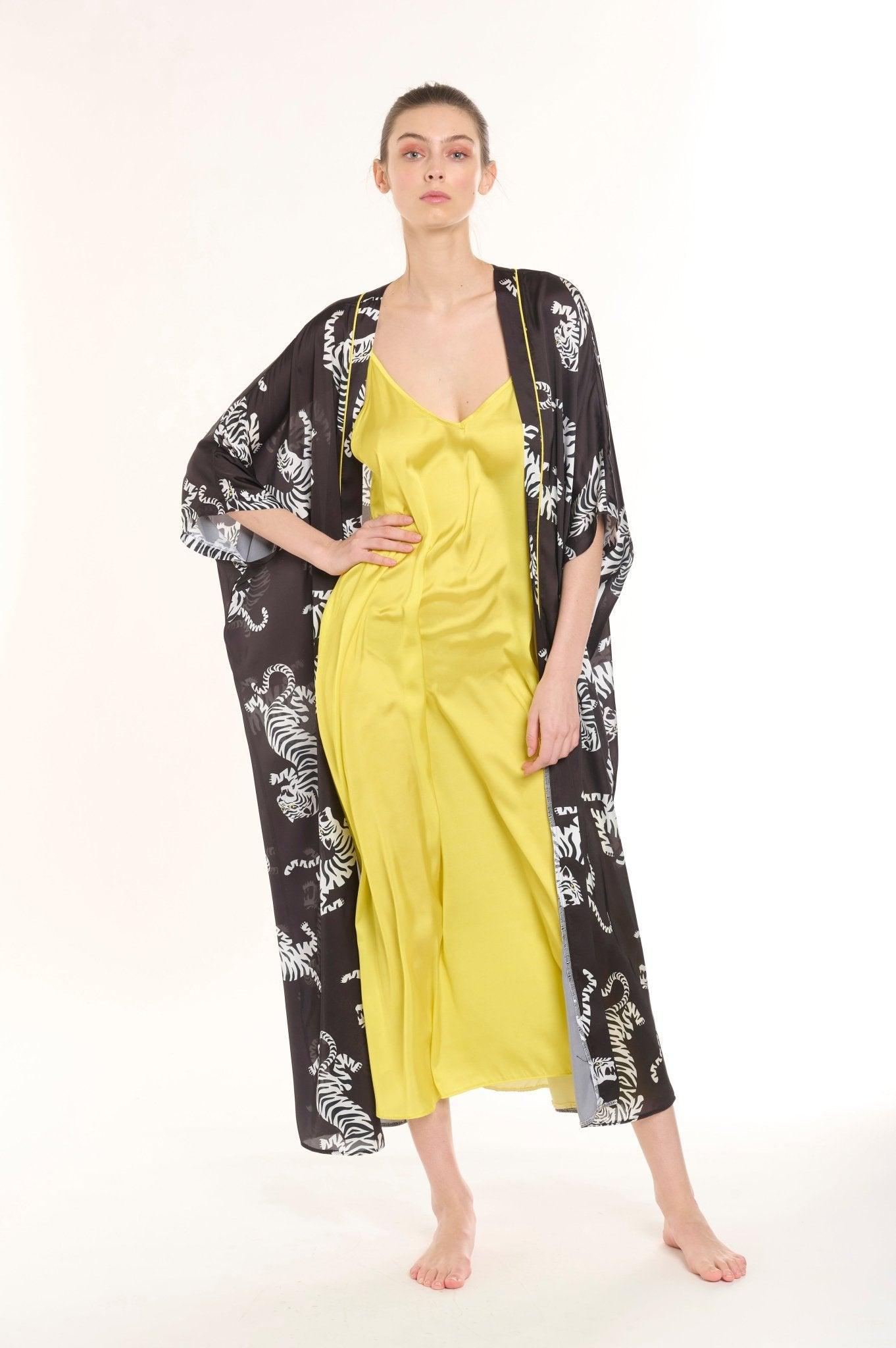 Nia - Black Zebra Satin Robe & Nightgown Set - NOWIHT - Pajamas