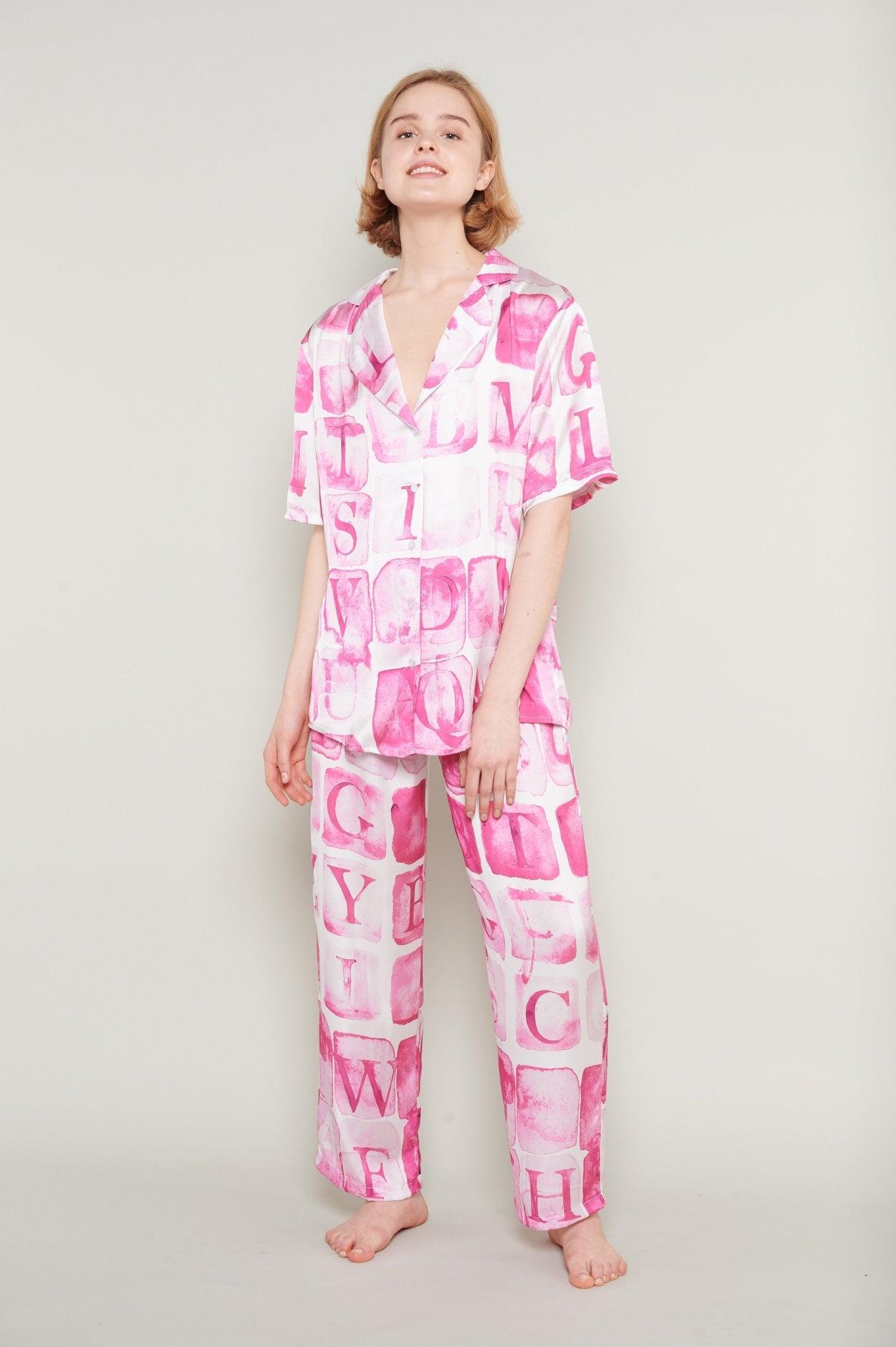 Olivia - Playful Letters Satin Pajama Set - NOWIHT - Pajamas