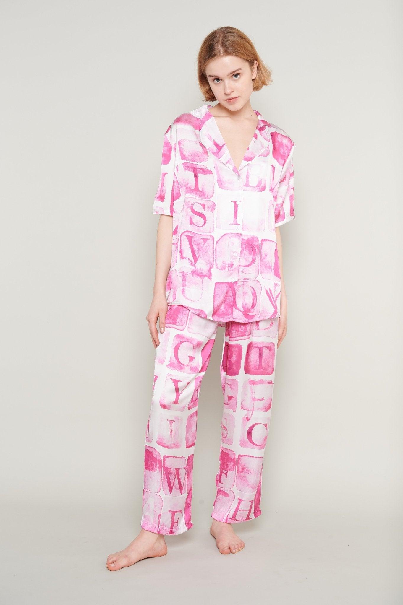 Olivia - Playful Letters Satin Pajama Set - NOWIHT - Pajamas