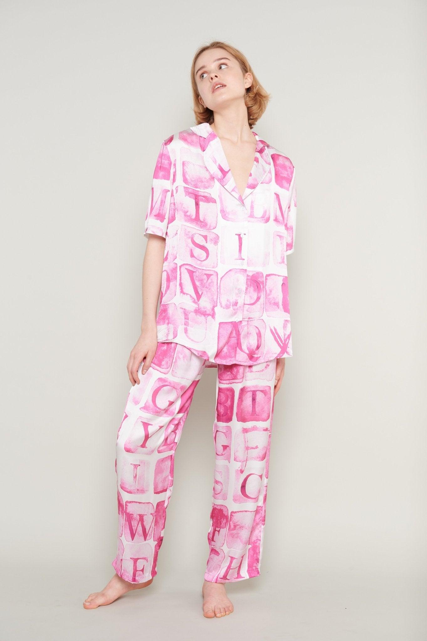 Olivia - Playful Letters Satin Pajama Set - NOWIHT - Pajamas