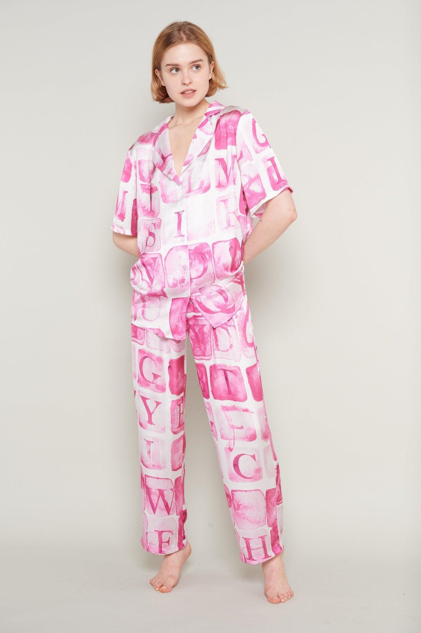 Olivia - Playful Letters Satin Pajama Set - NOWIHT - Pajamas