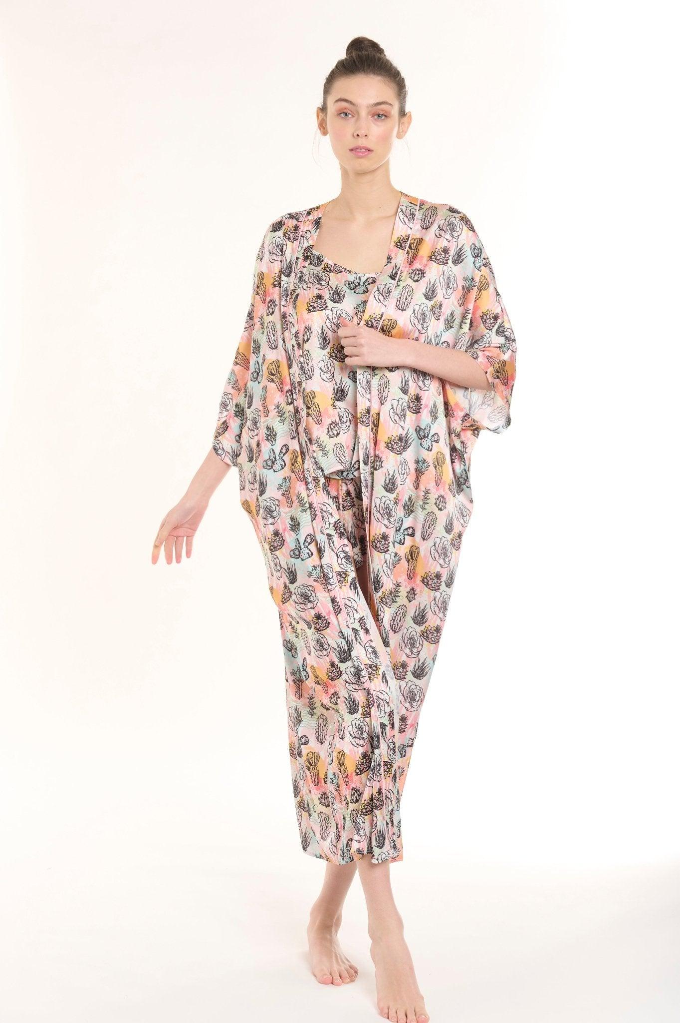 Penelope - Vibrant Multicolor Cactus Print Satin Robe & Shorts Set - NOWIHT - Pajamas