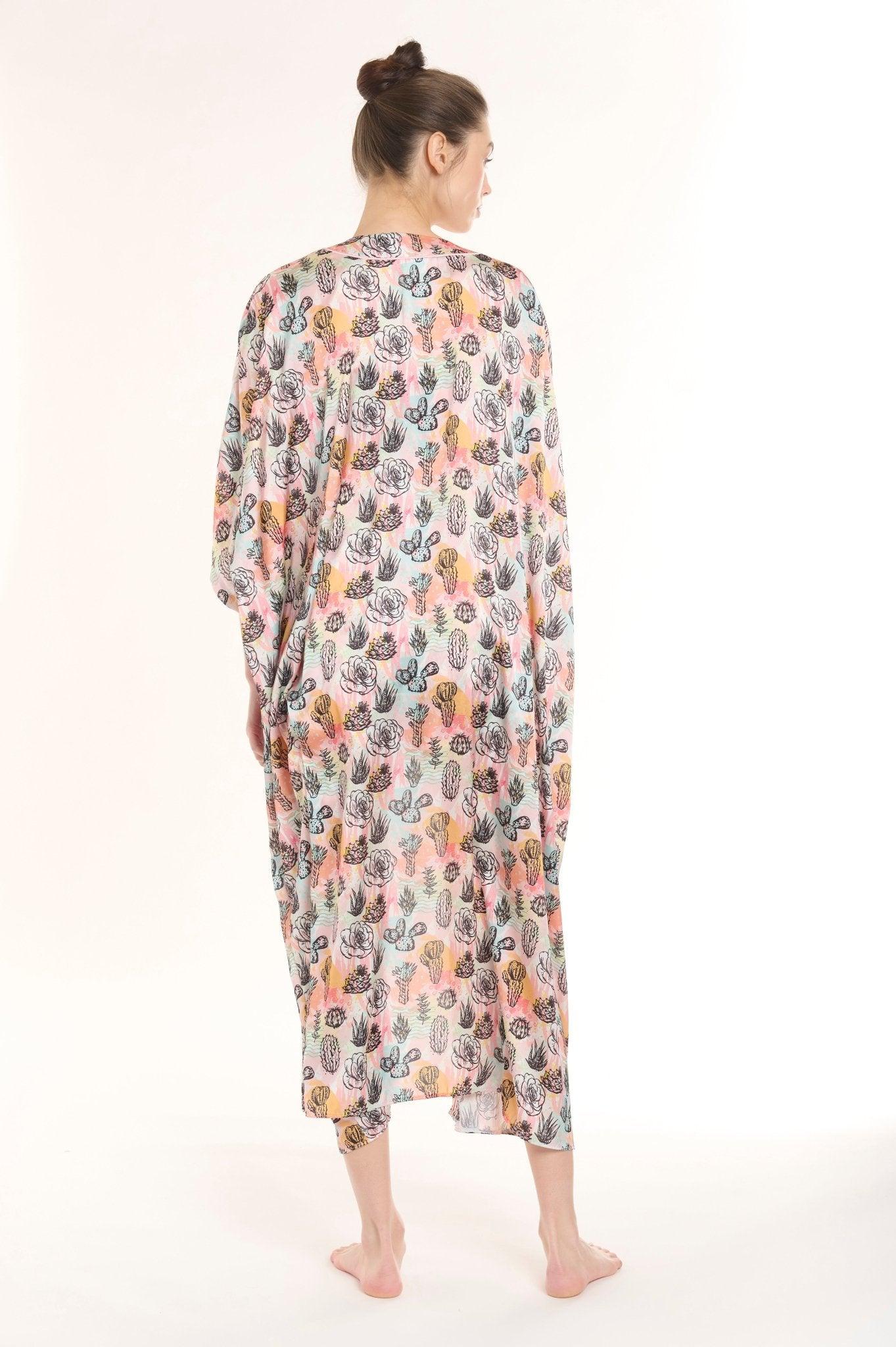 Penelope - Vibrant Multicolor Cactus Print Satin Robe & Shorts Set - NOWIHT - Pajamas