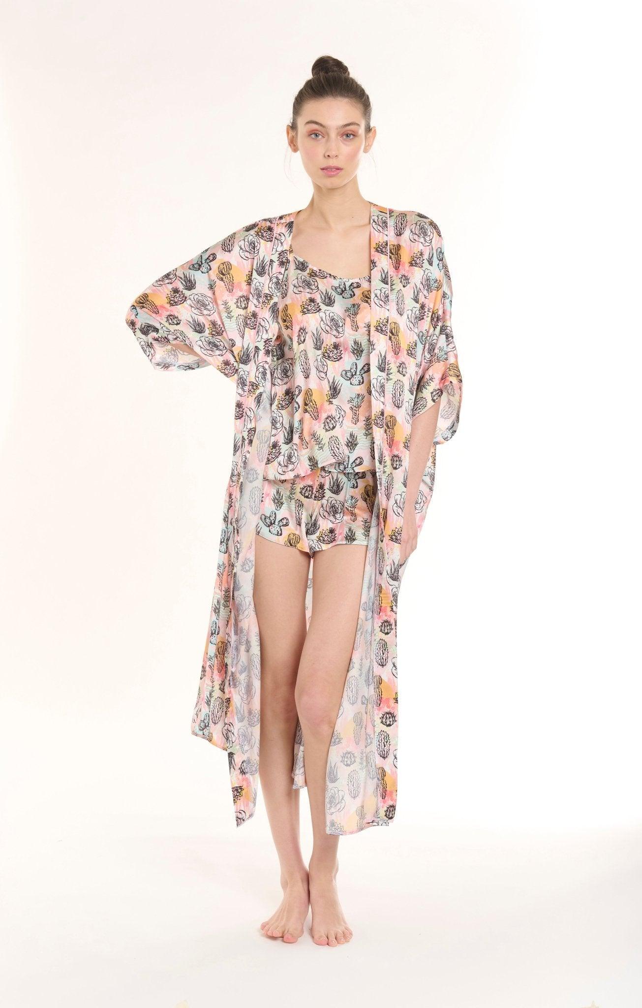 Penelope - Vibrant Multicolor Cactus Print Satin Robe & Shorts Set - NOWIHT - Pajamas