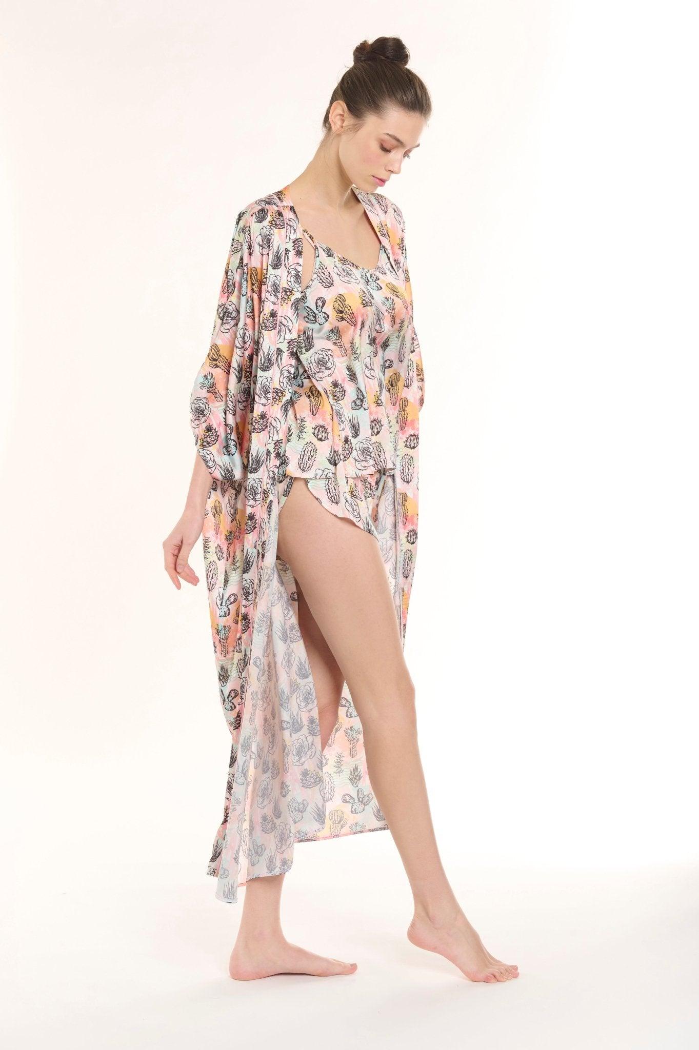 Penelope - Vibrant Multicolor Cactus Print Satin Robe & Shorts Set - NOWIHT - Pajamas