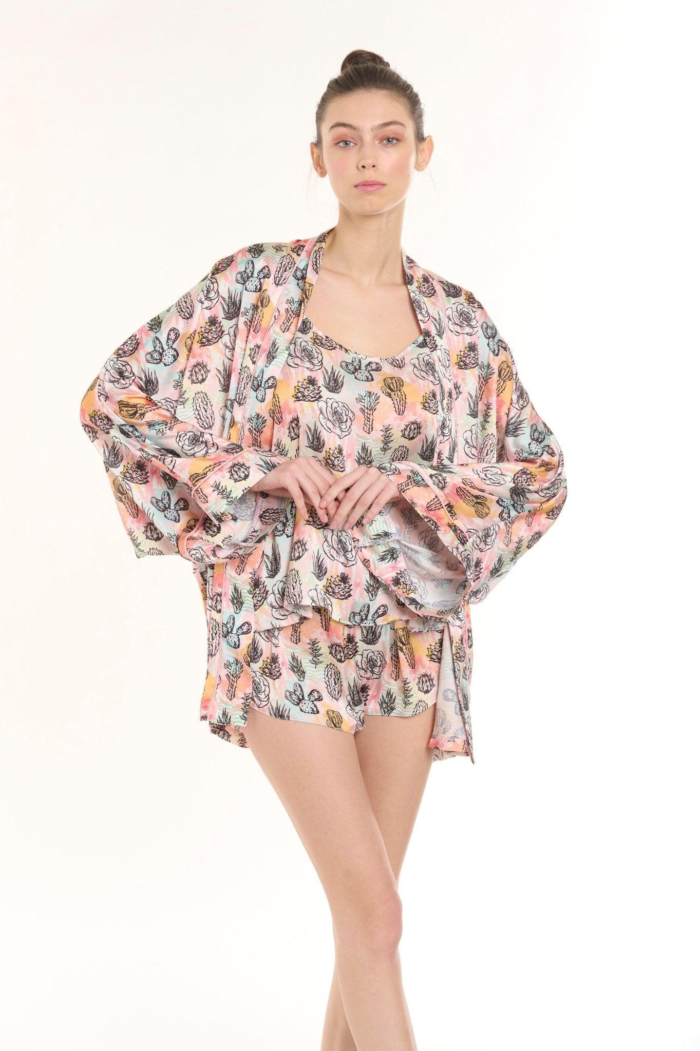 Reina - Multicolor Kimono Robe, Tank Top & Shorts Set - NOWIHT - Pajamas