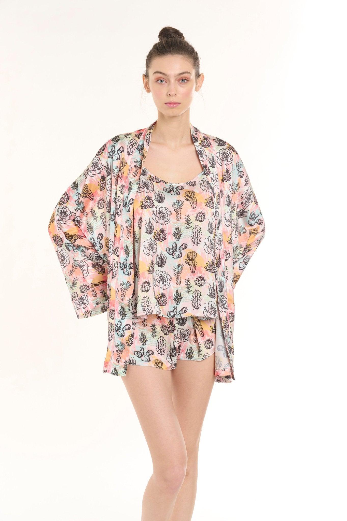 Reina - Multicolor Kimono Robe, Tank Top & Shorts Set - NOWIHT - Pajamas