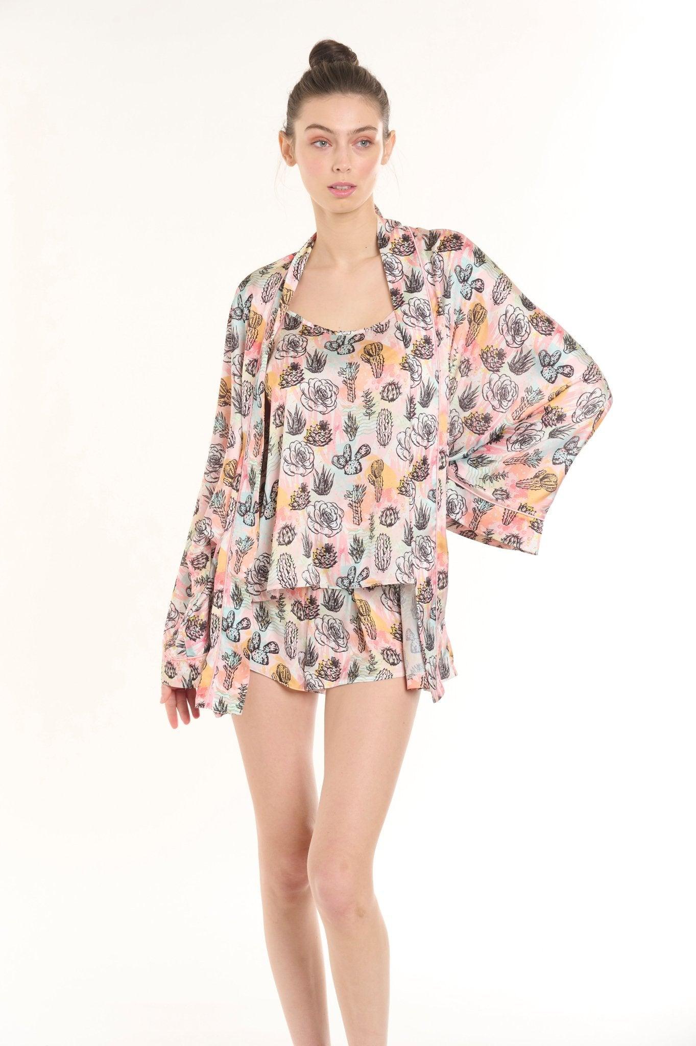 Reina - Multicolor Kimono Robe, Tank Top & Shorts Set - NOWIHT - Pajamas