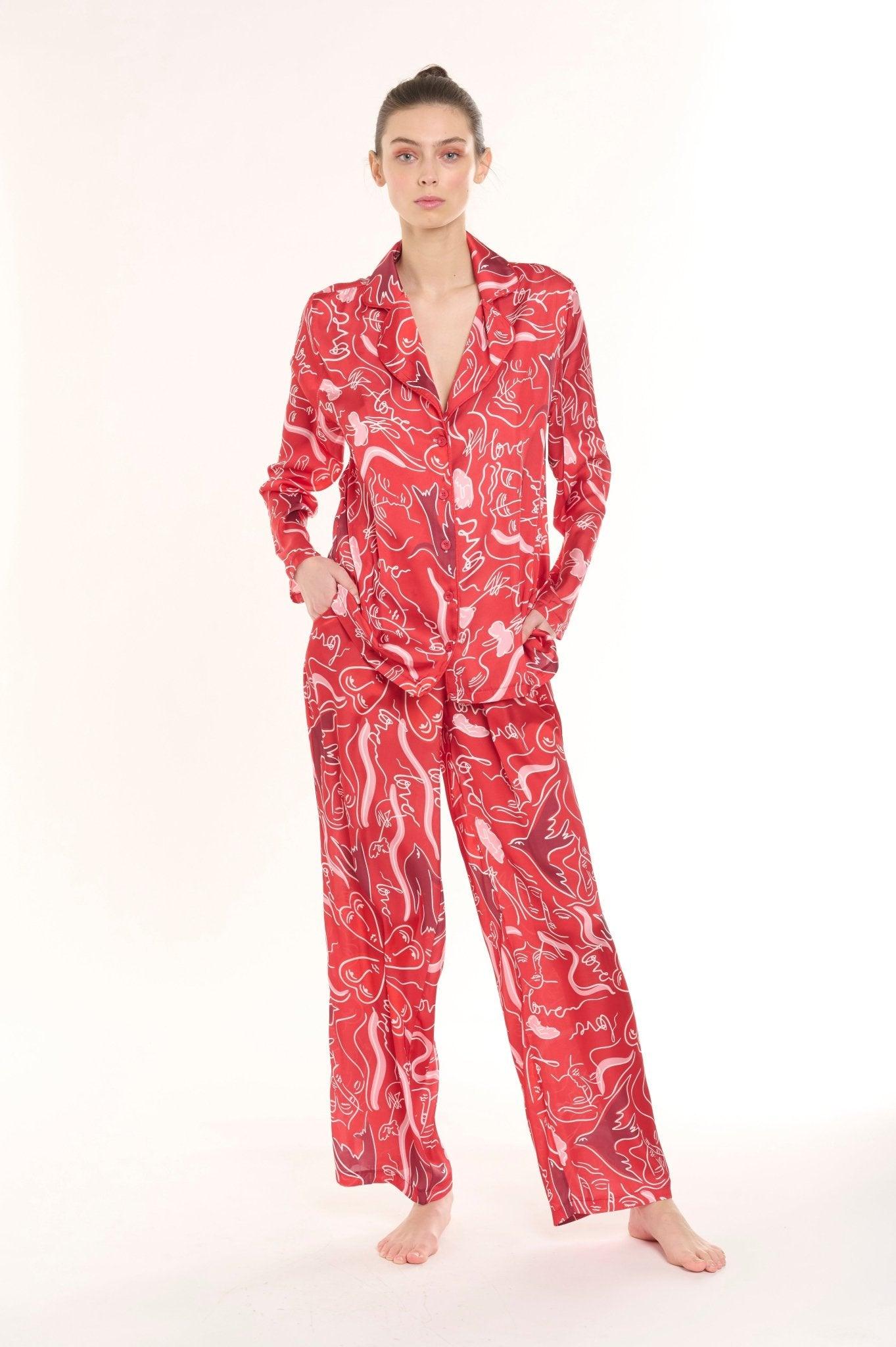 Ruby - Bold Red Abstract Satin Pajama Set - NOWIHT - Pajama Set