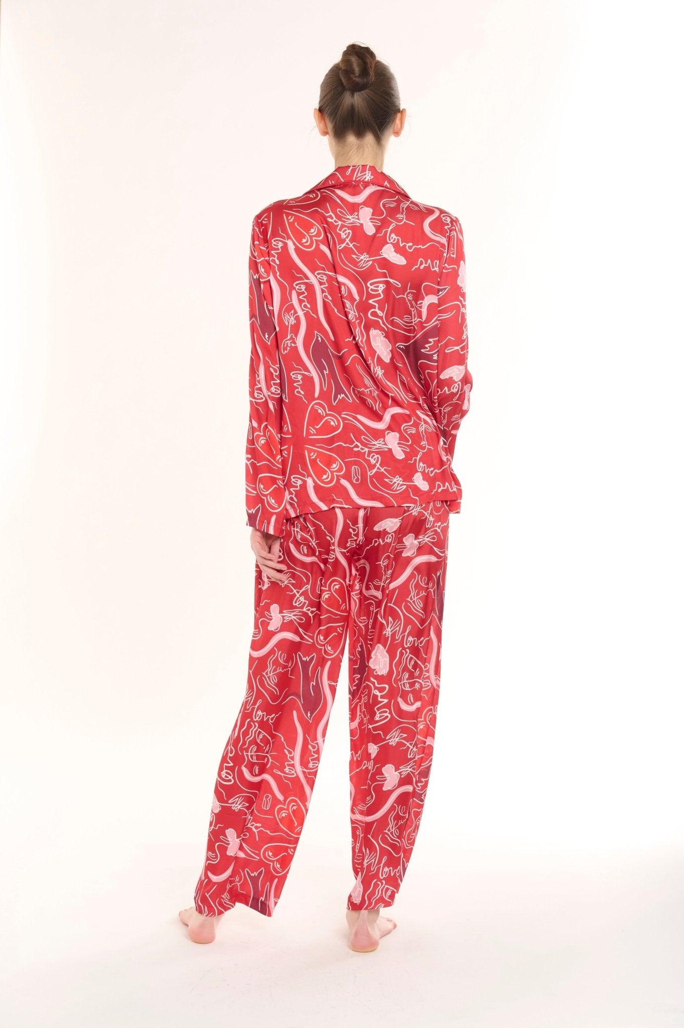 Ruby - Bold Red Abstract Satin Pajama Set - NOWIHT - Pajama Set