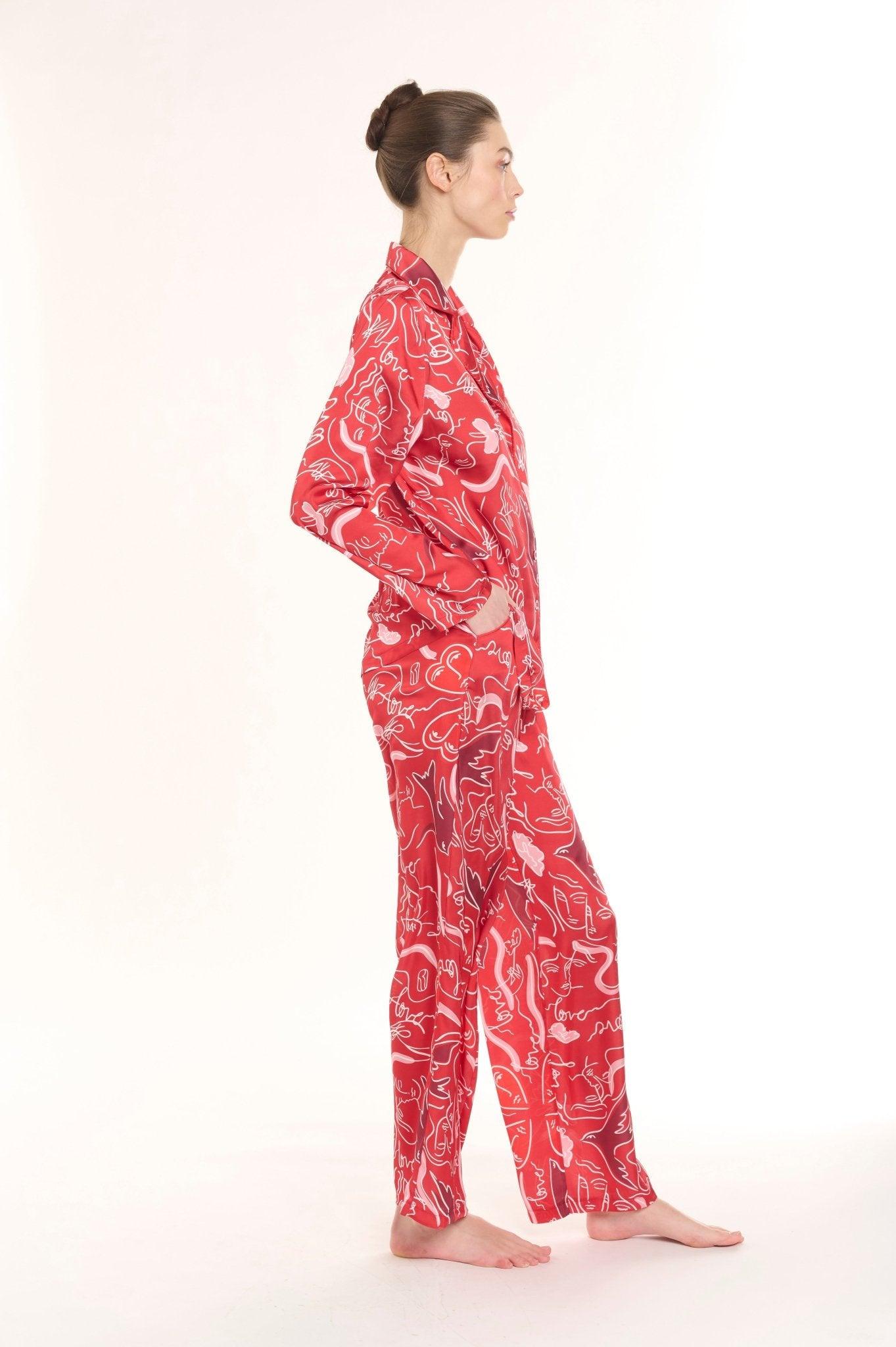 Ruby - Bold Red Abstract Satin Pajama Set - NOWIHT - Pajama Set