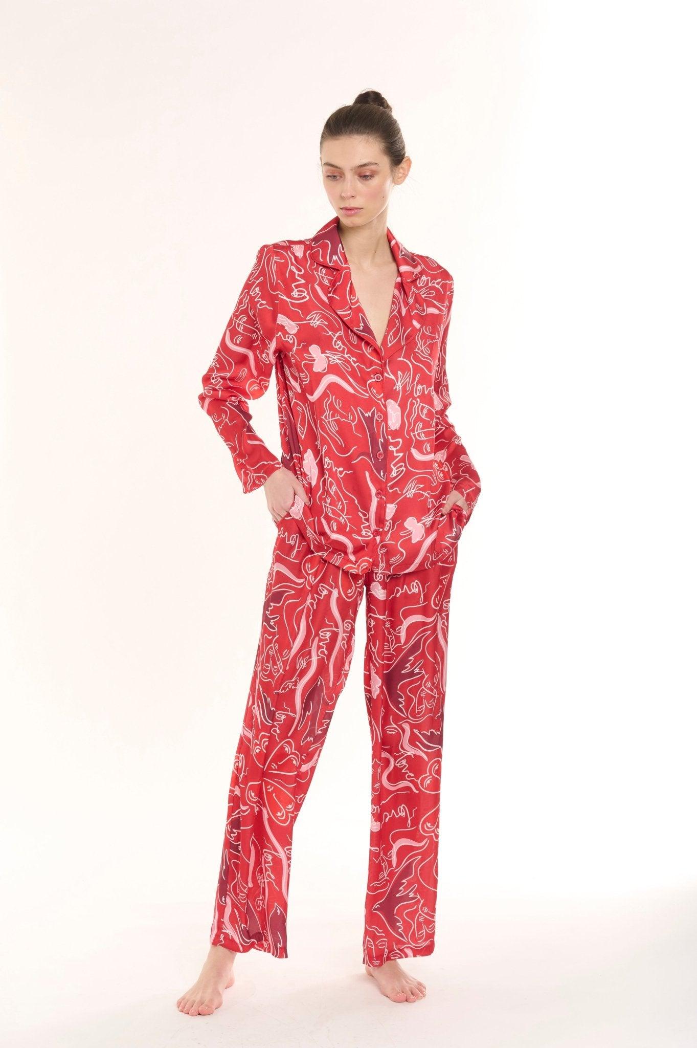 Ruby - Bold Red Abstract Satin Pajama Set - NOWIHT - Pajama Set