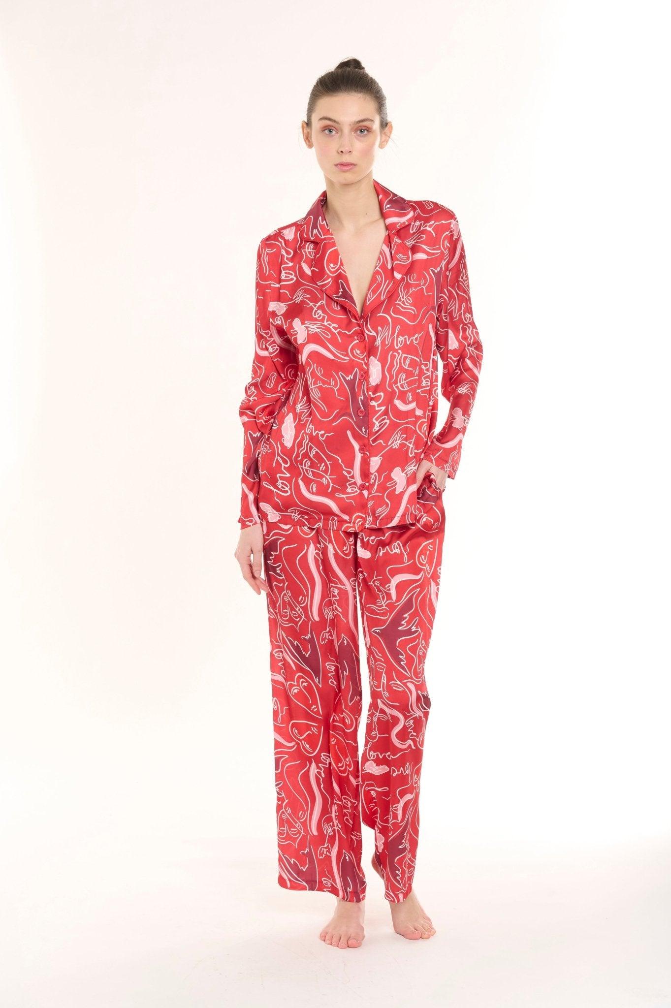 Ruby - Bold Red Abstract Satin Pajama Set - NOWIHT - Pajama Set