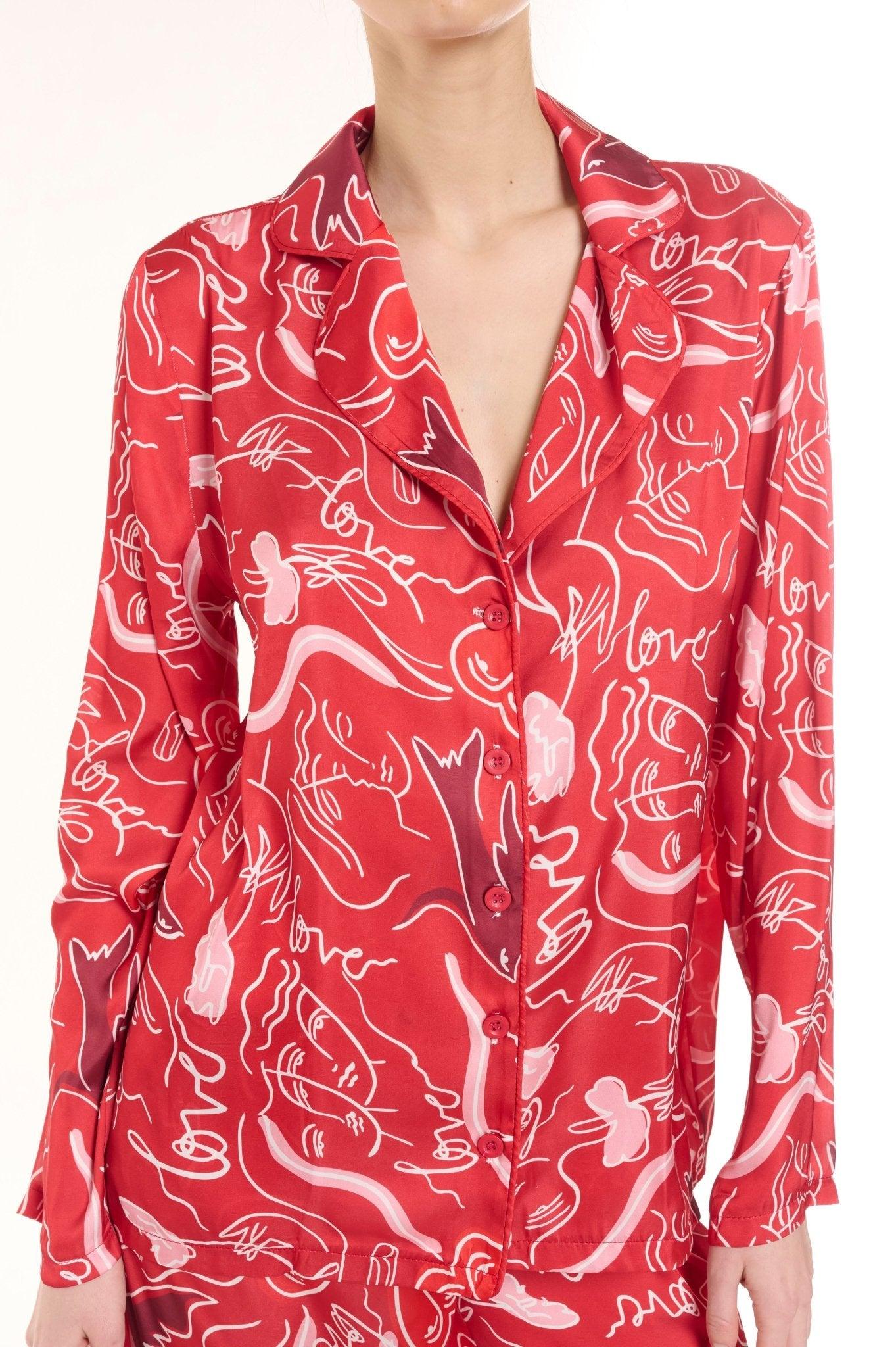 Ruby - Bold Red Abstract Satin Pajama Set - NOWIHT - Pajama Set