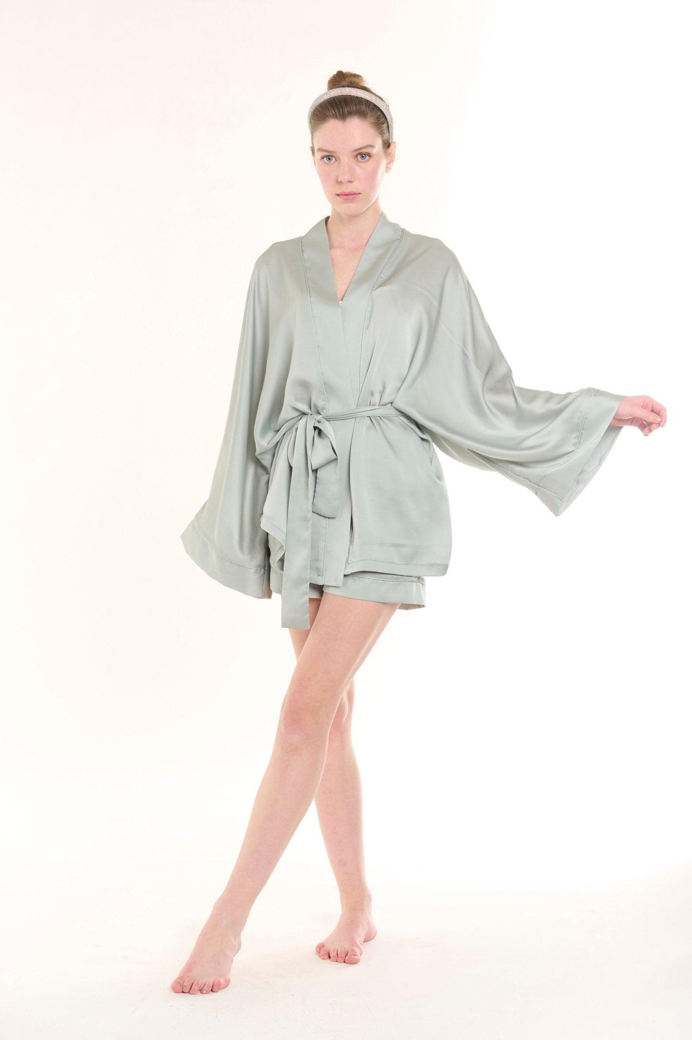 Sage - Bride Satin Kimono Robe & Shorts Set - NOWIHT - Pajamas