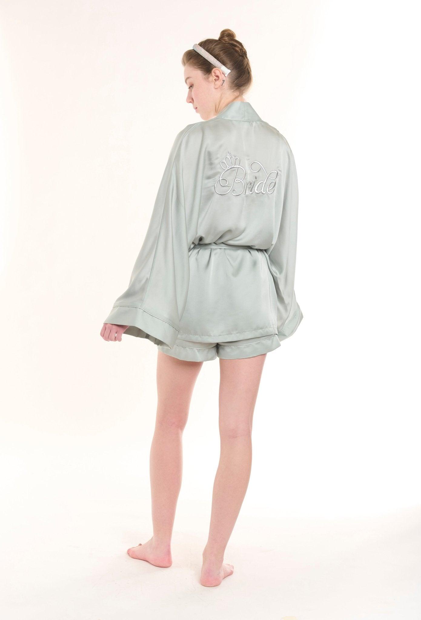 Sage - Bride Satin Kimono Robe & Shorts Set - NOWIHT - Pajamas