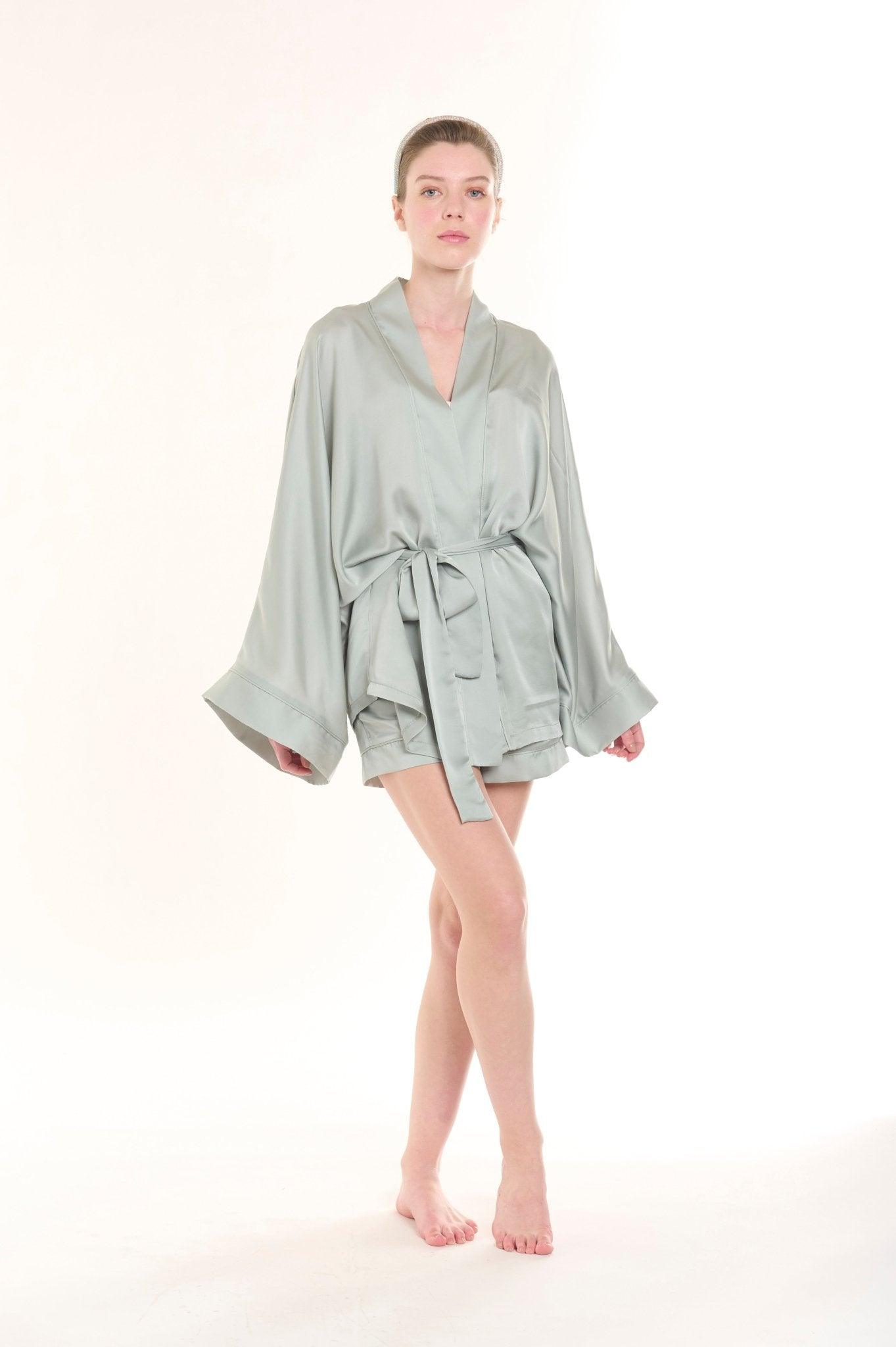 Sage - Bride Satin Kimono Robe & Shorts Set - NOWIHT - Pajamas