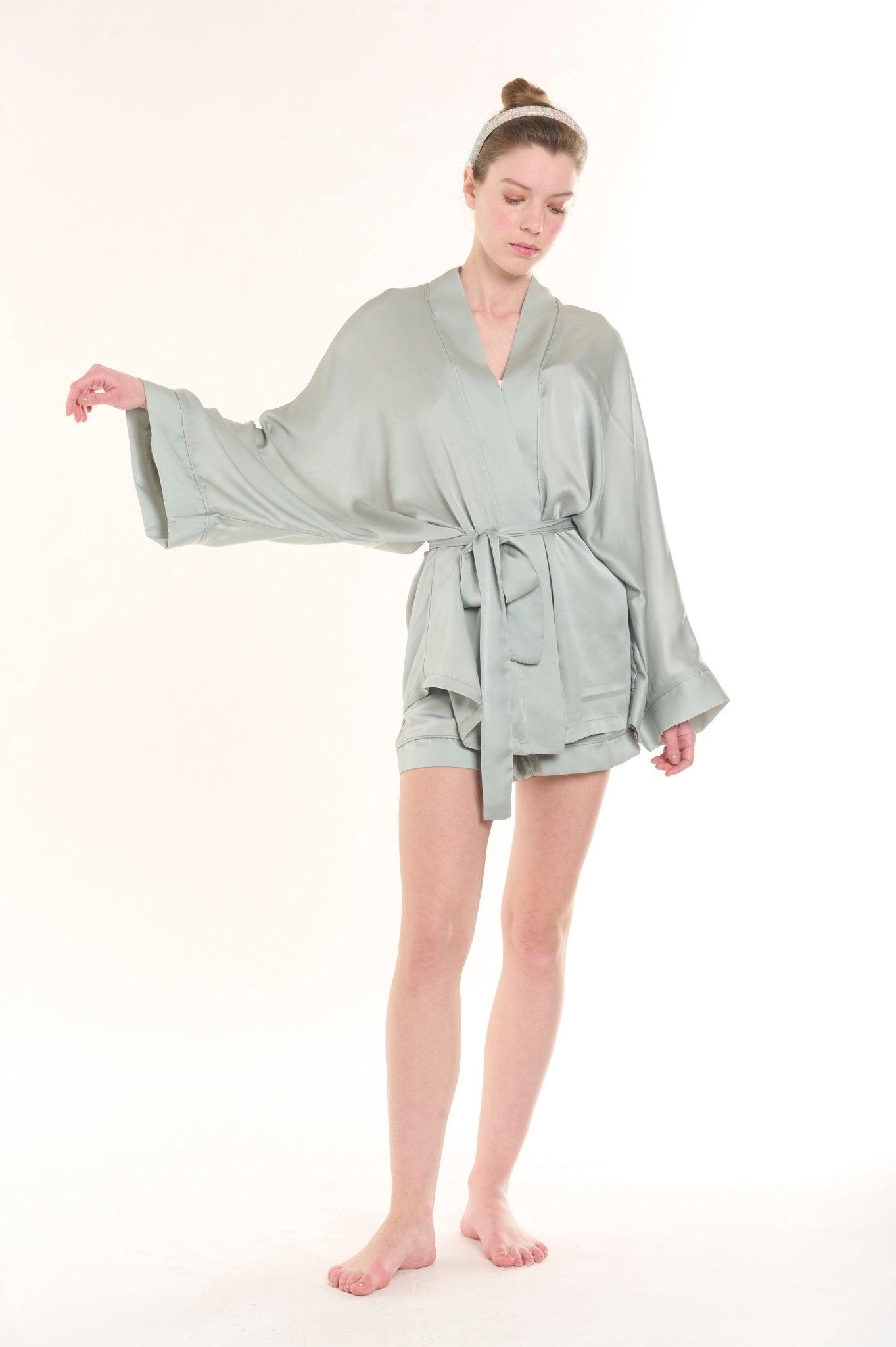 Sage - Bride Satin Kimono Robe & Shorts Set - NOWIHT - Pajamas