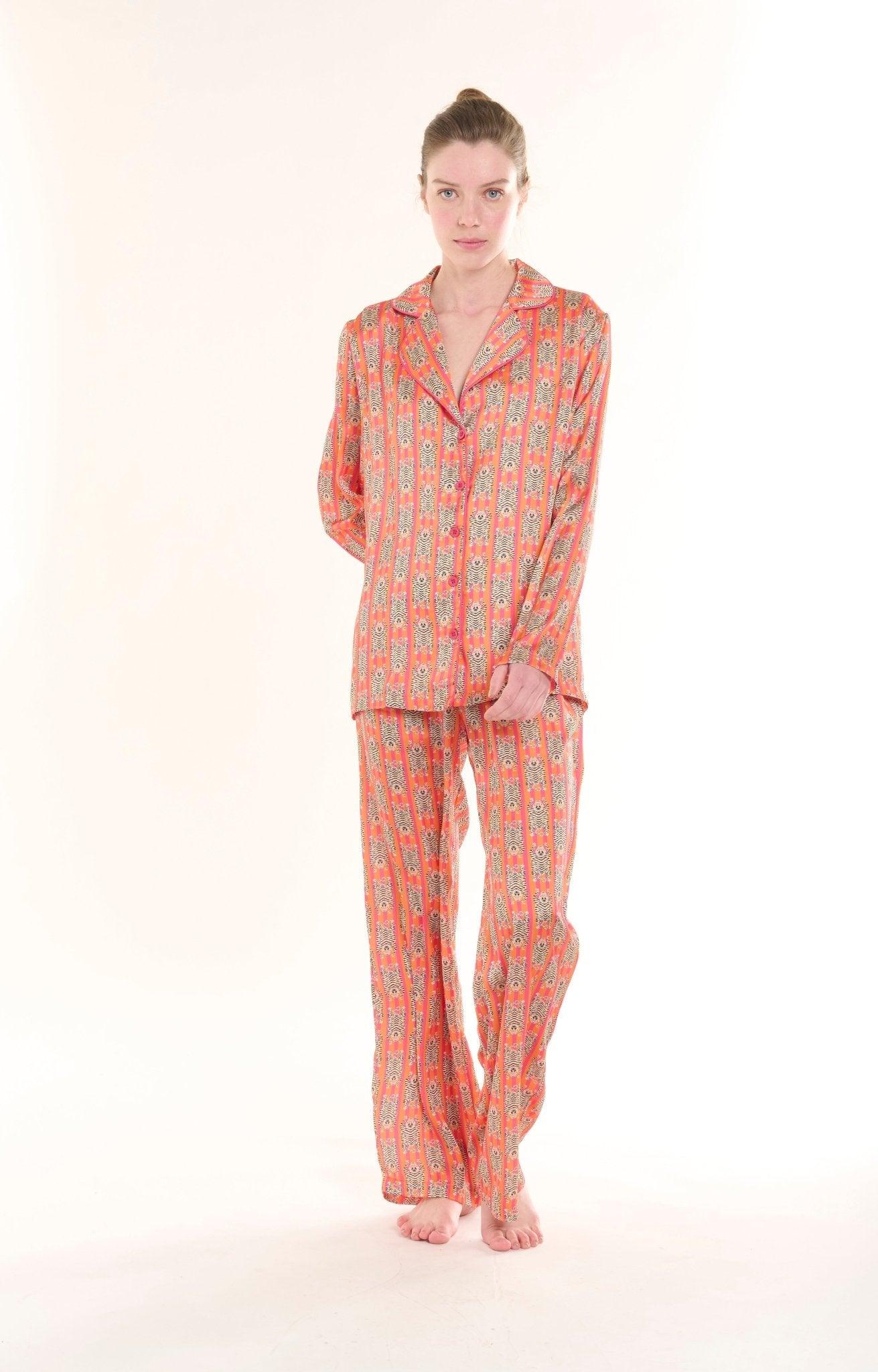 Sahara - Coral Stripes and Wild Cats Satin Pajama Set - NOWIHT - Pajama Set