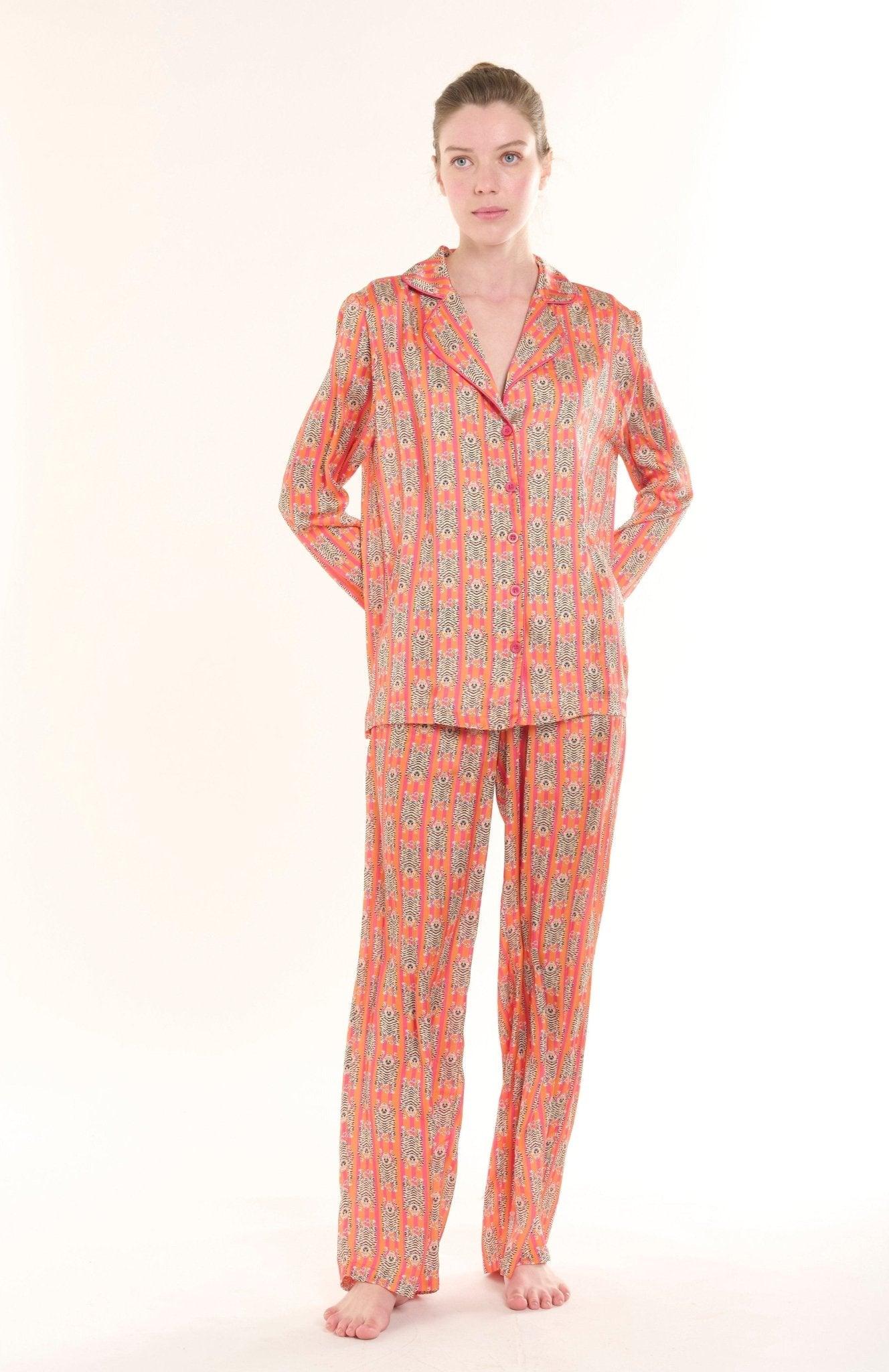 Sahara - Coral Stripes and Wild Cats Satin Pajama Set - NOWIHT - Pajama Set