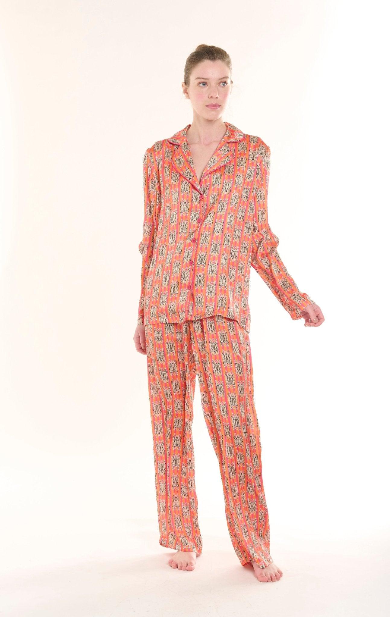 Sahara - Coral Stripes and Wild Cats Satin Pajama Set - NOWIHT - Pajama Set