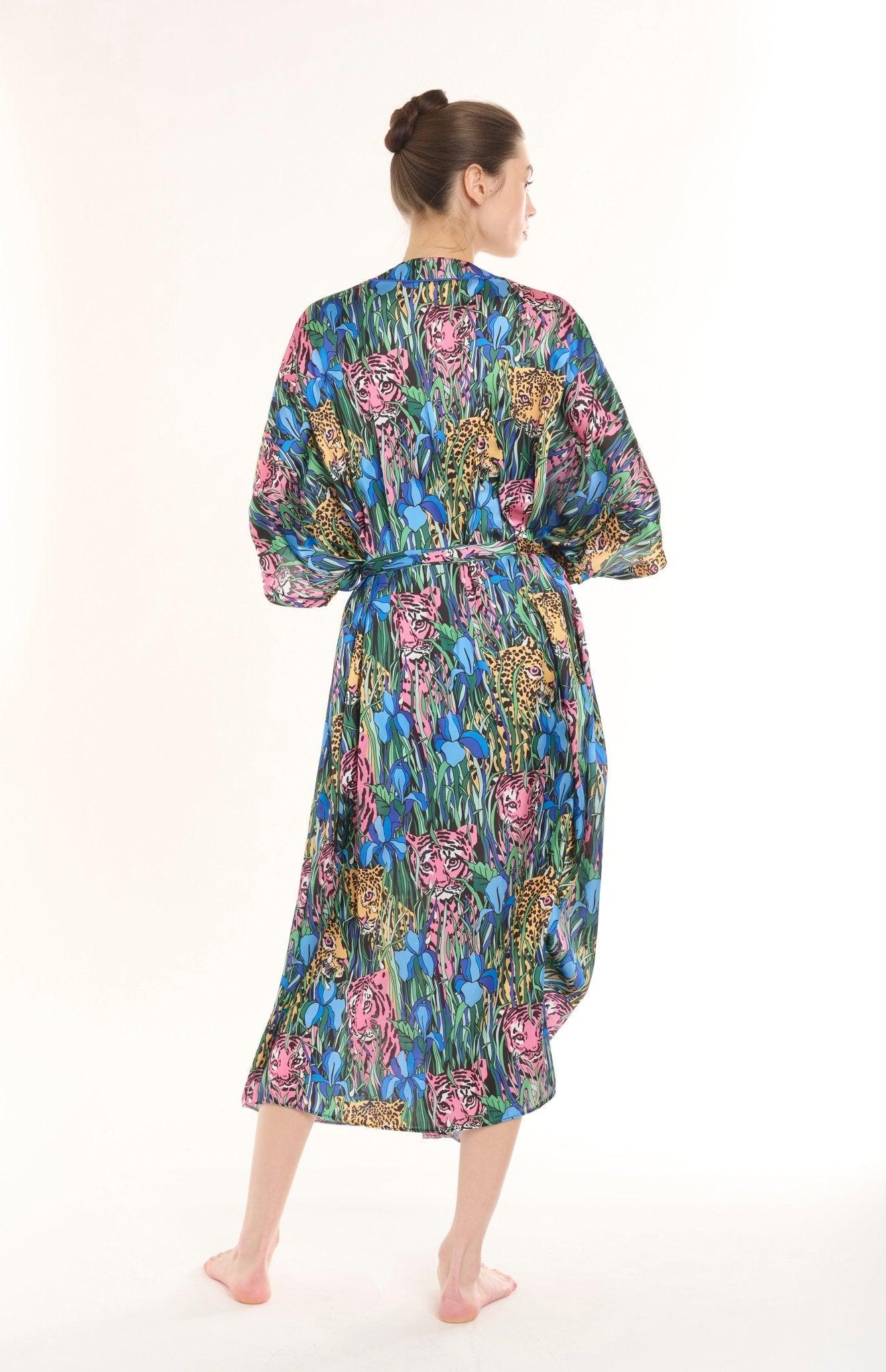 Savannah - Midnight Tiger Satin Nightgown & Robe Set - NOWIHT - Pajamas