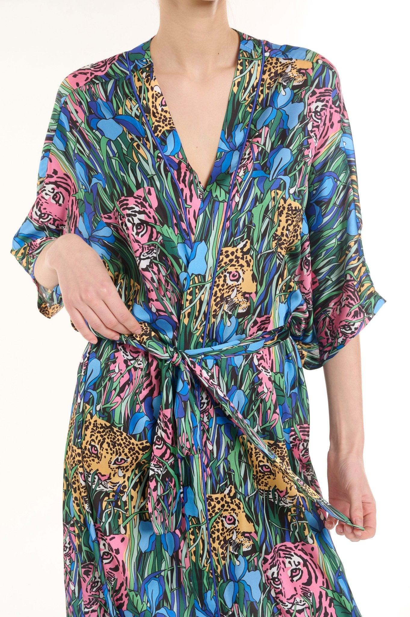 Savannah - Midnight Tiger Satin Nightgown & Robe Set - NOWIHT - Pajamas