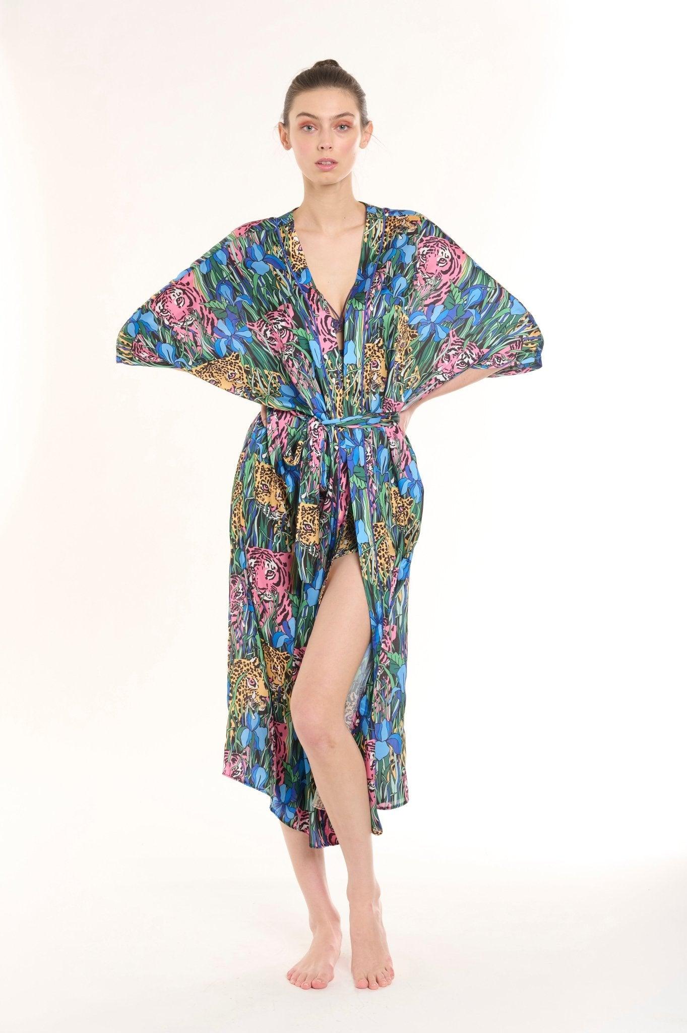 Savannah - Midnight Tiger Satin Nightgown & Robe Set - NOWIHT - Pajamas